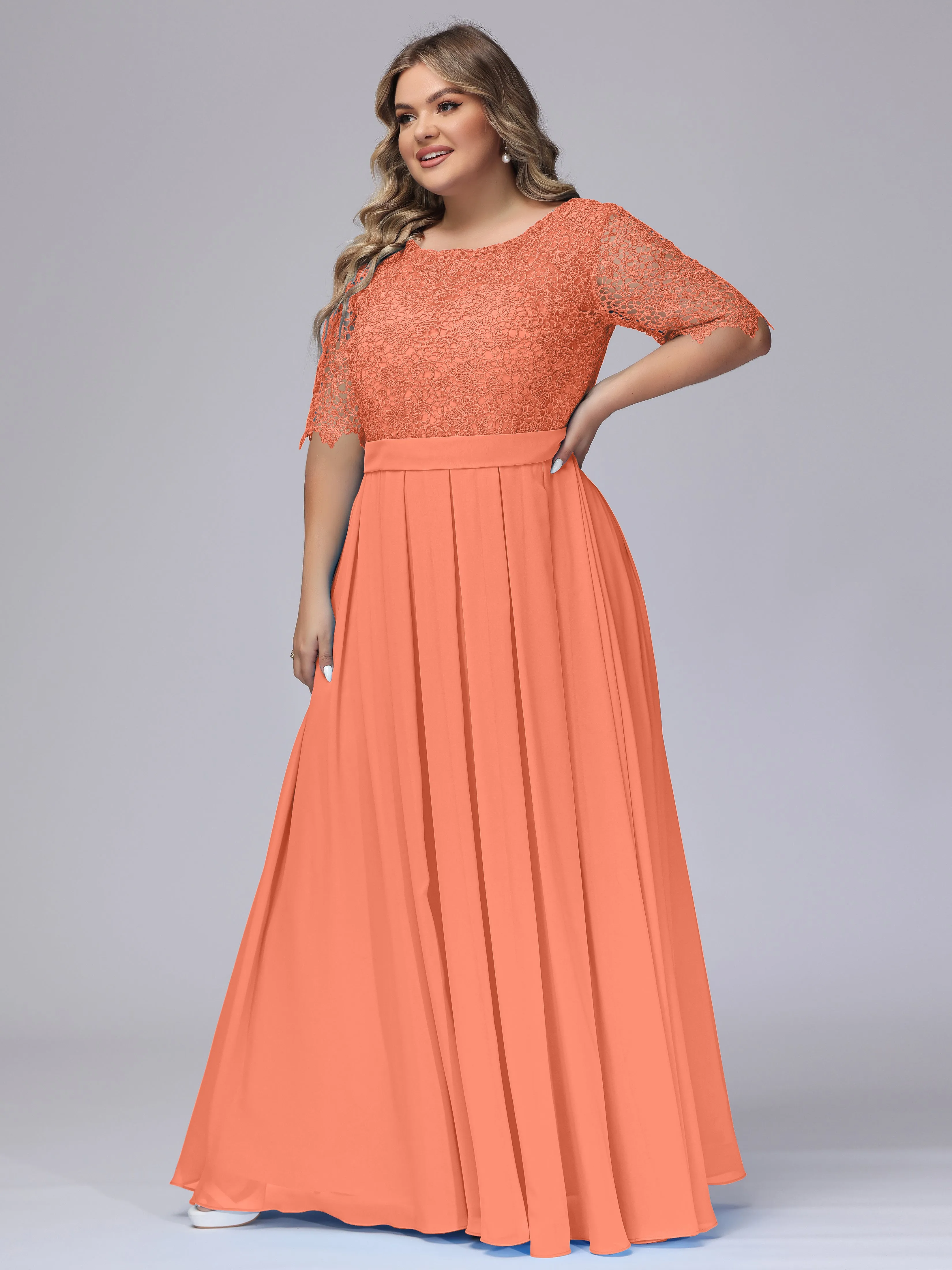 Half Sleeves Scoop Lace Long Plus Size Bridesmaid Dresses