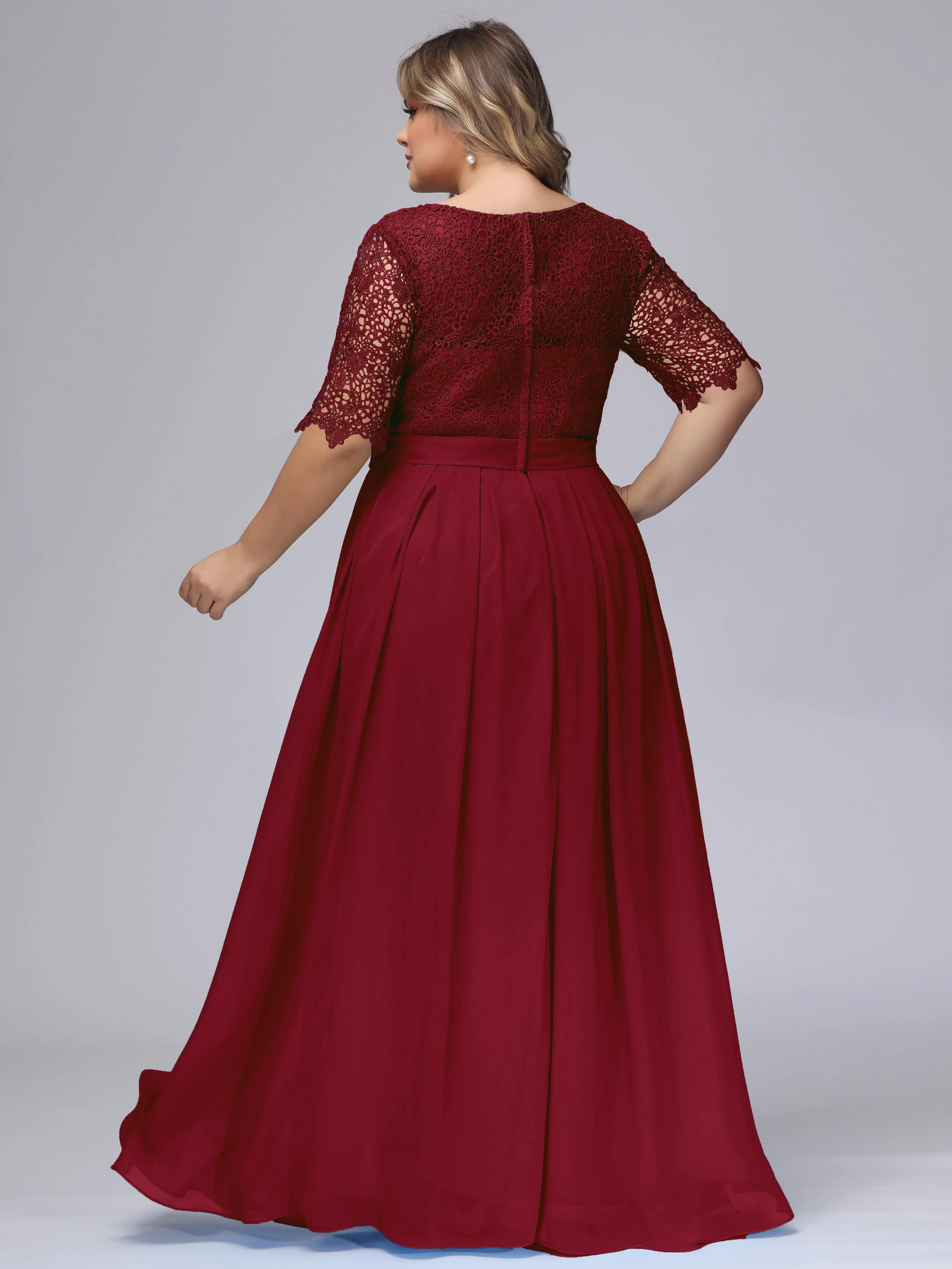 Half Sleeves Scoop Lace Long Plus Size Bridesmaid Dresses