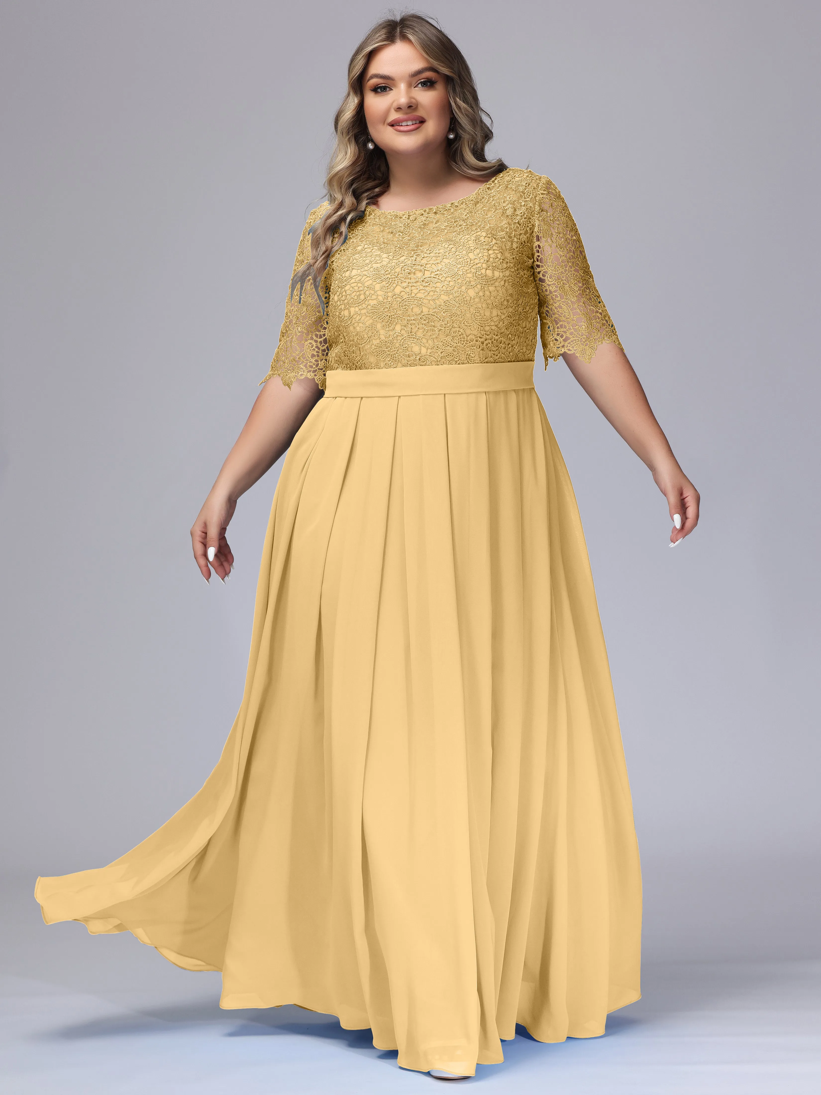 Half Sleeves Scoop Lace Long Plus Size Bridesmaid Dresses