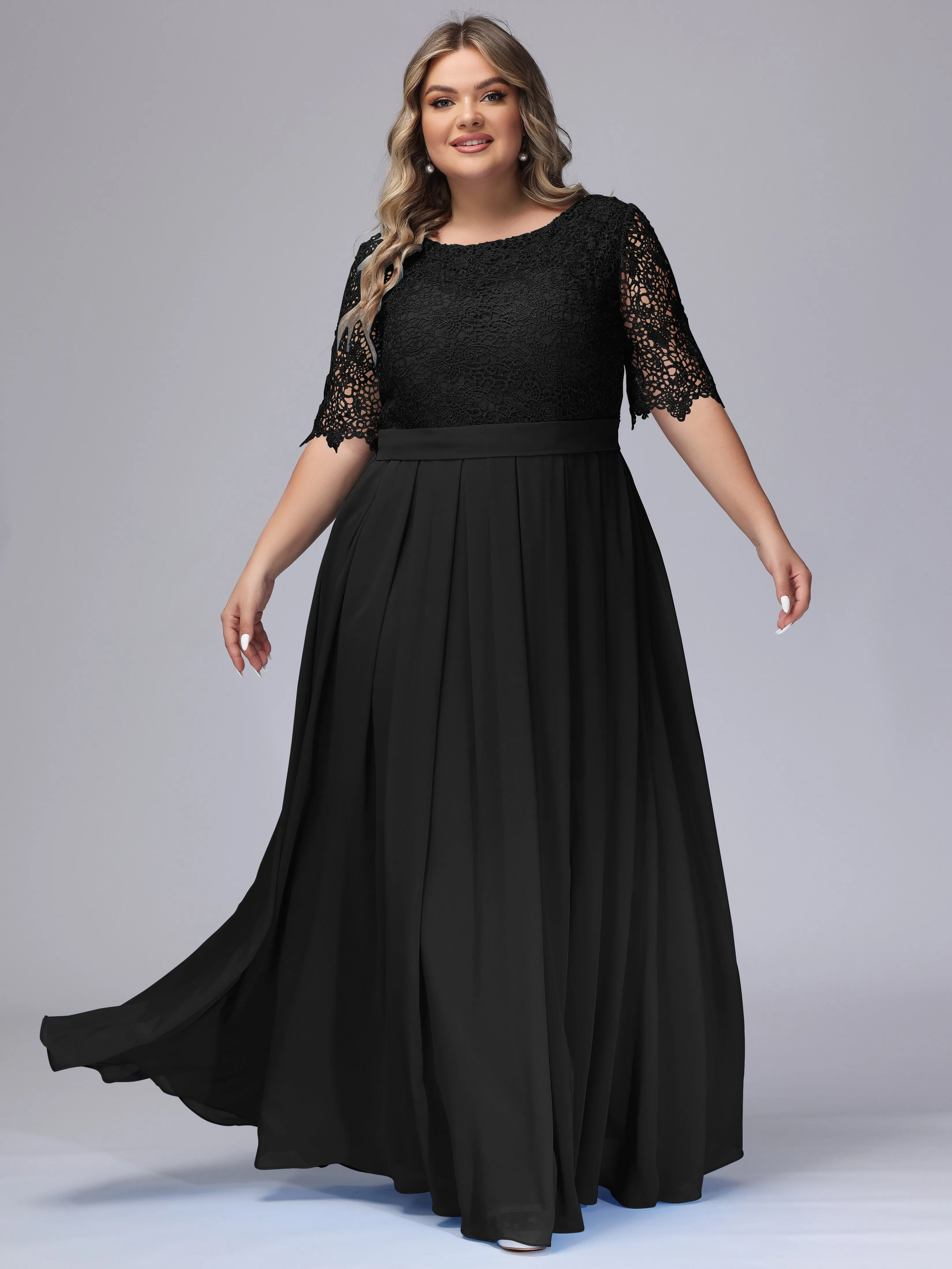 Half Sleeves Scoop Lace Long Plus Size Bridesmaid Dresses
