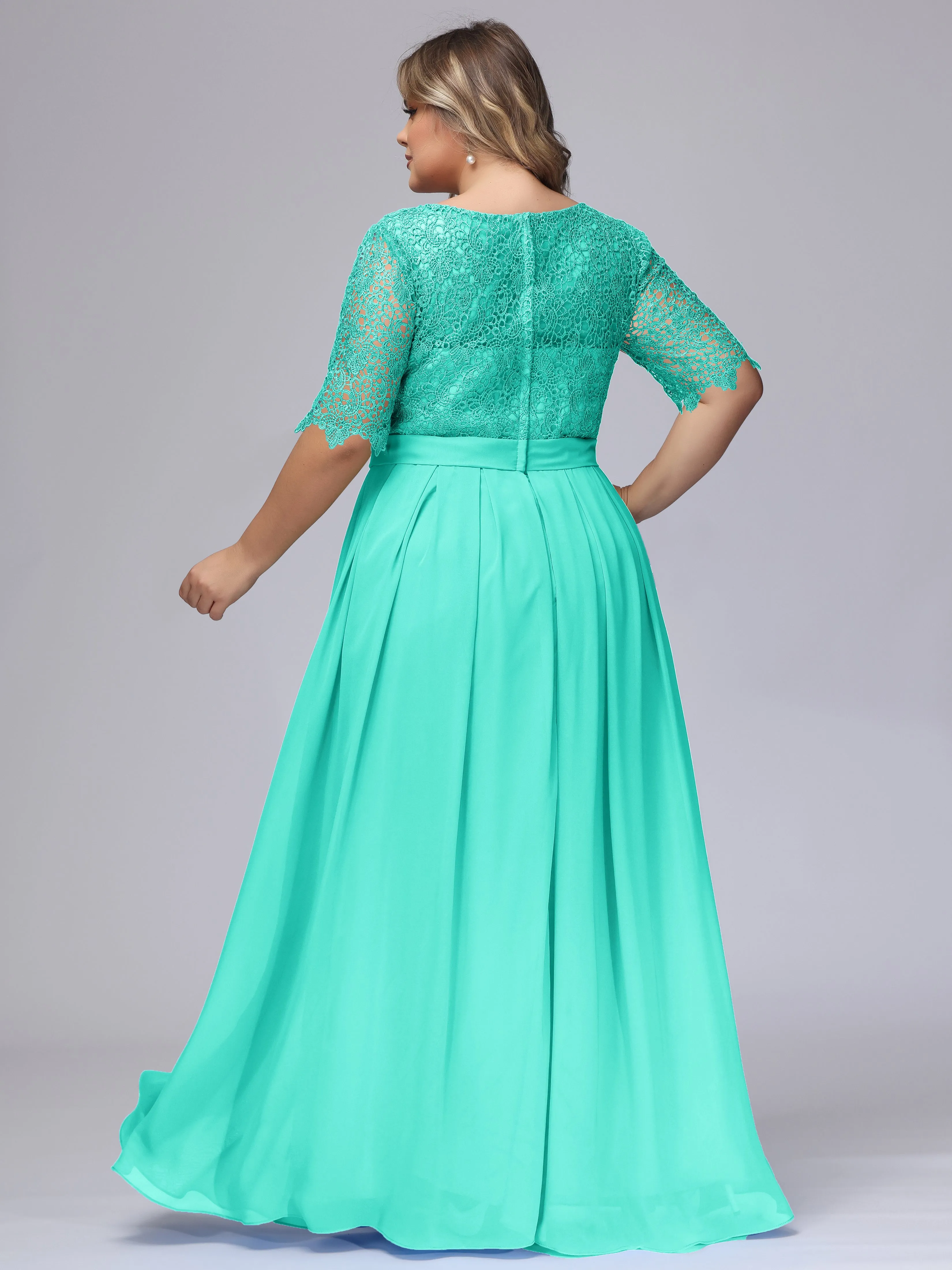 Half Sleeves Scoop Lace Long Plus Size Bridesmaid Dresses