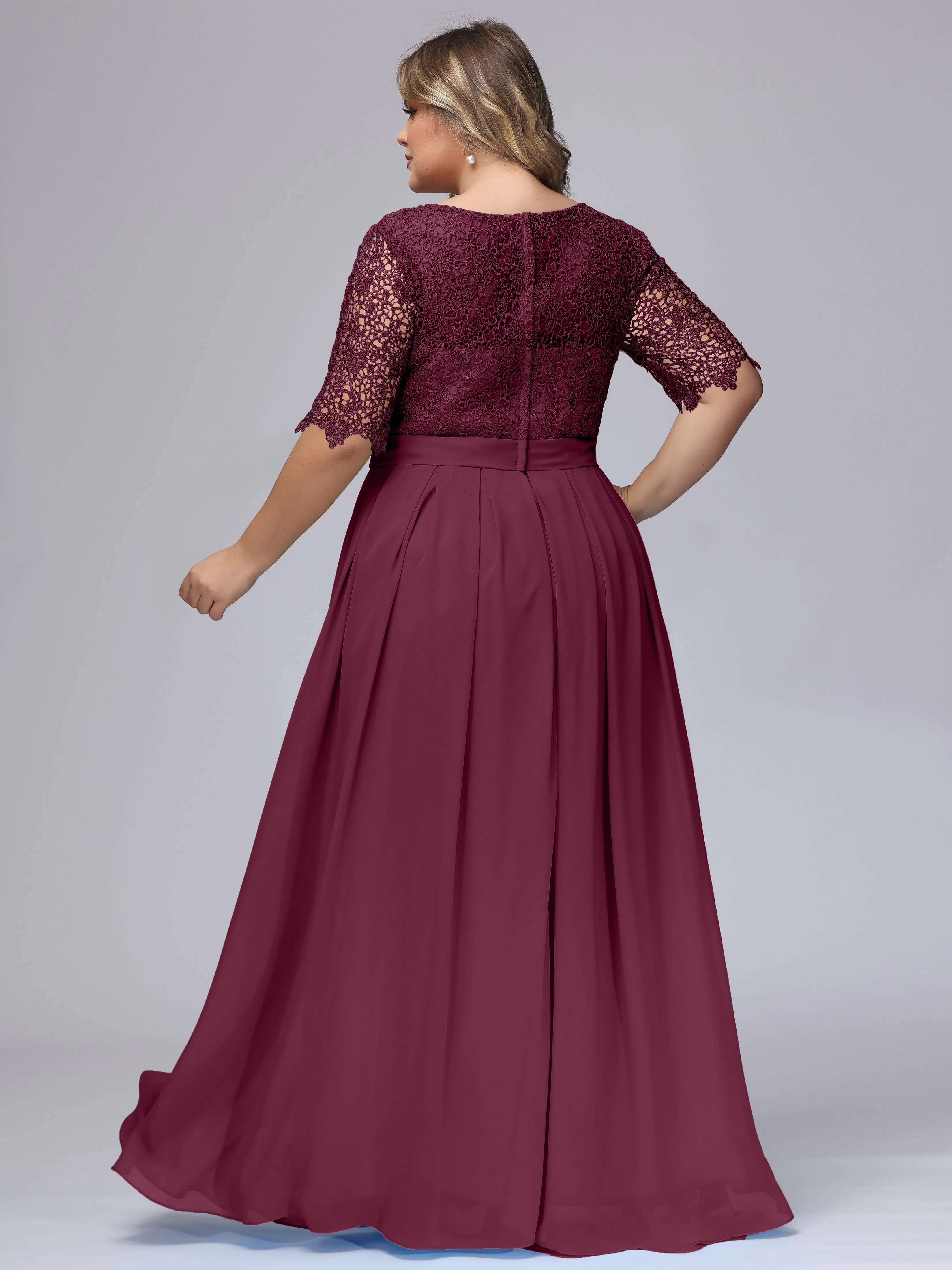 Half Sleeves Scoop Lace Long Plus Size Bridesmaid Dresses