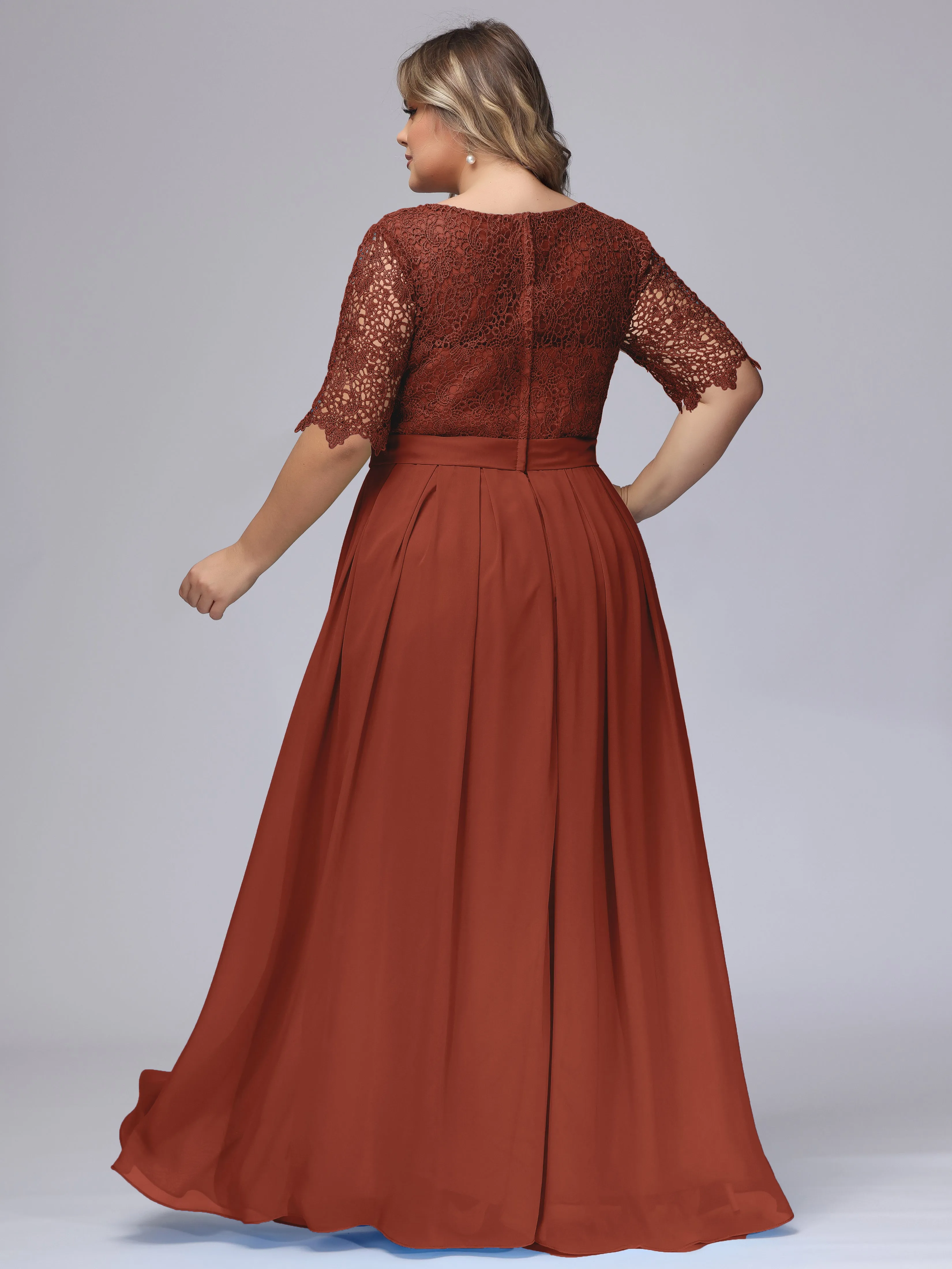 Half Sleeves Scoop Lace Long Plus Size Bridesmaid Dresses