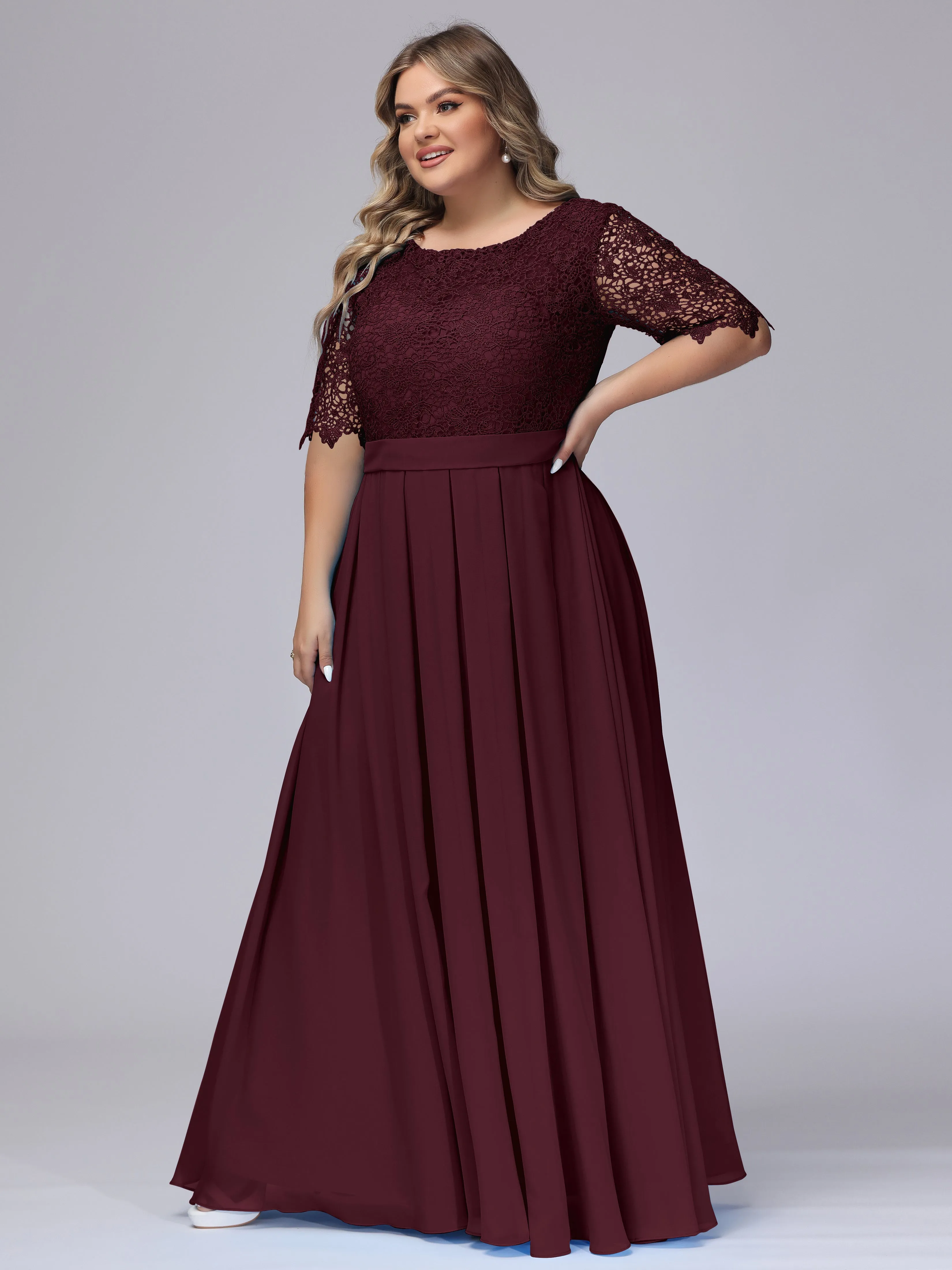 Half Sleeves Scoop Lace Long Plus Size Bridesmaid Dresses