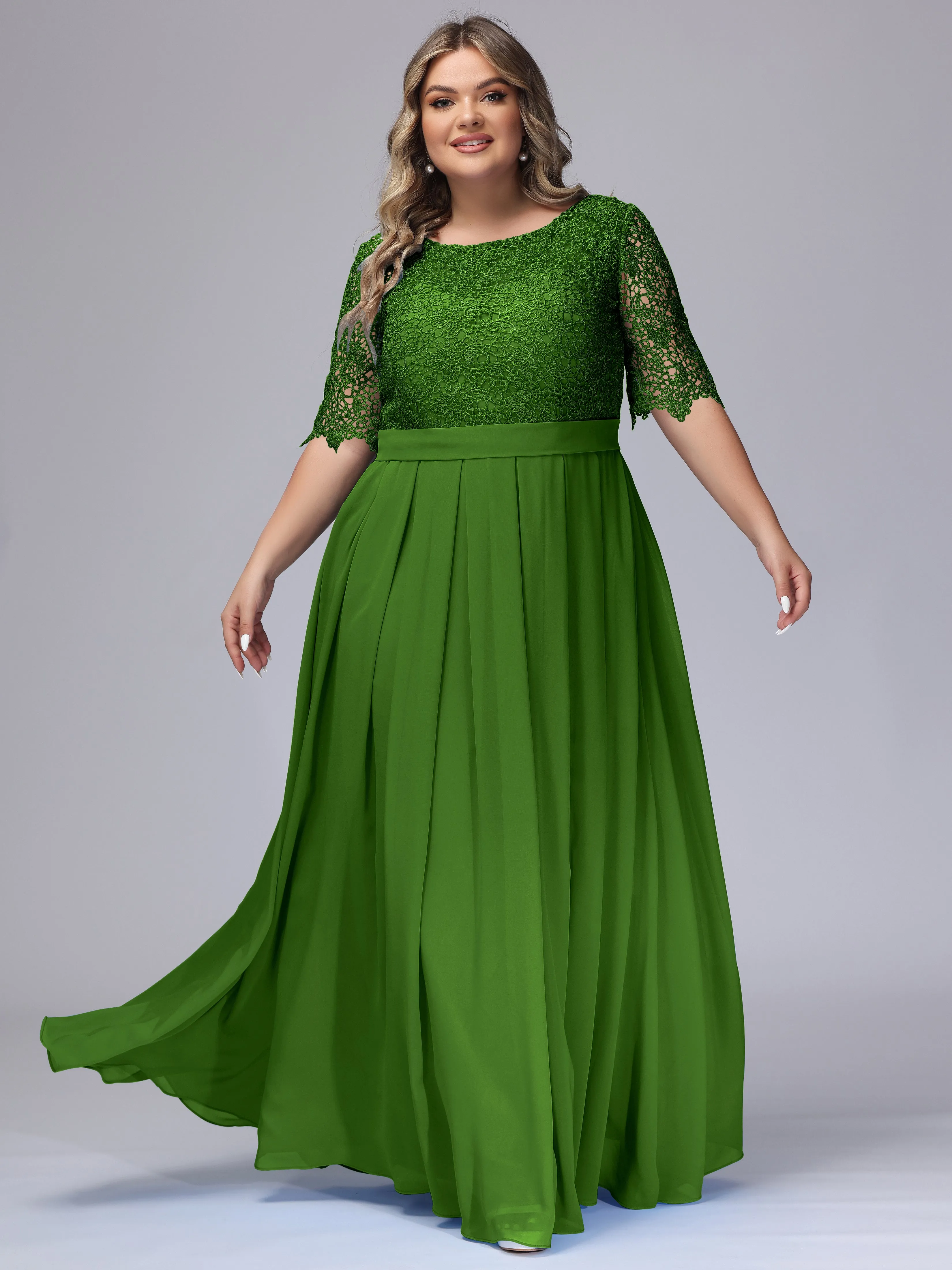 Half Sleeves Scoop Lace Long Plus Size Bridesmaid Dresses