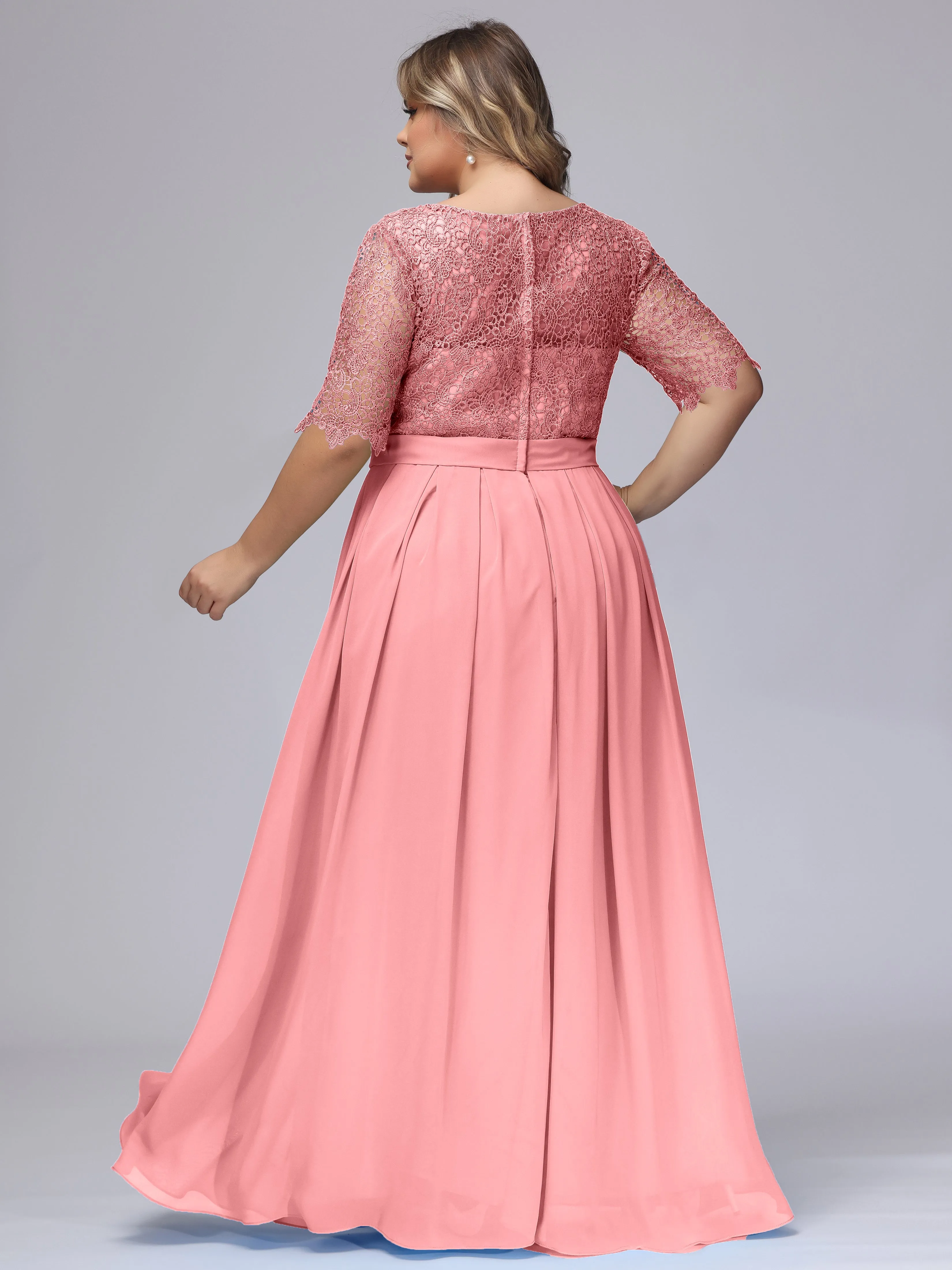 Half Sleeves Scoop Lace Long Plus Size Bridesmaid Dresses