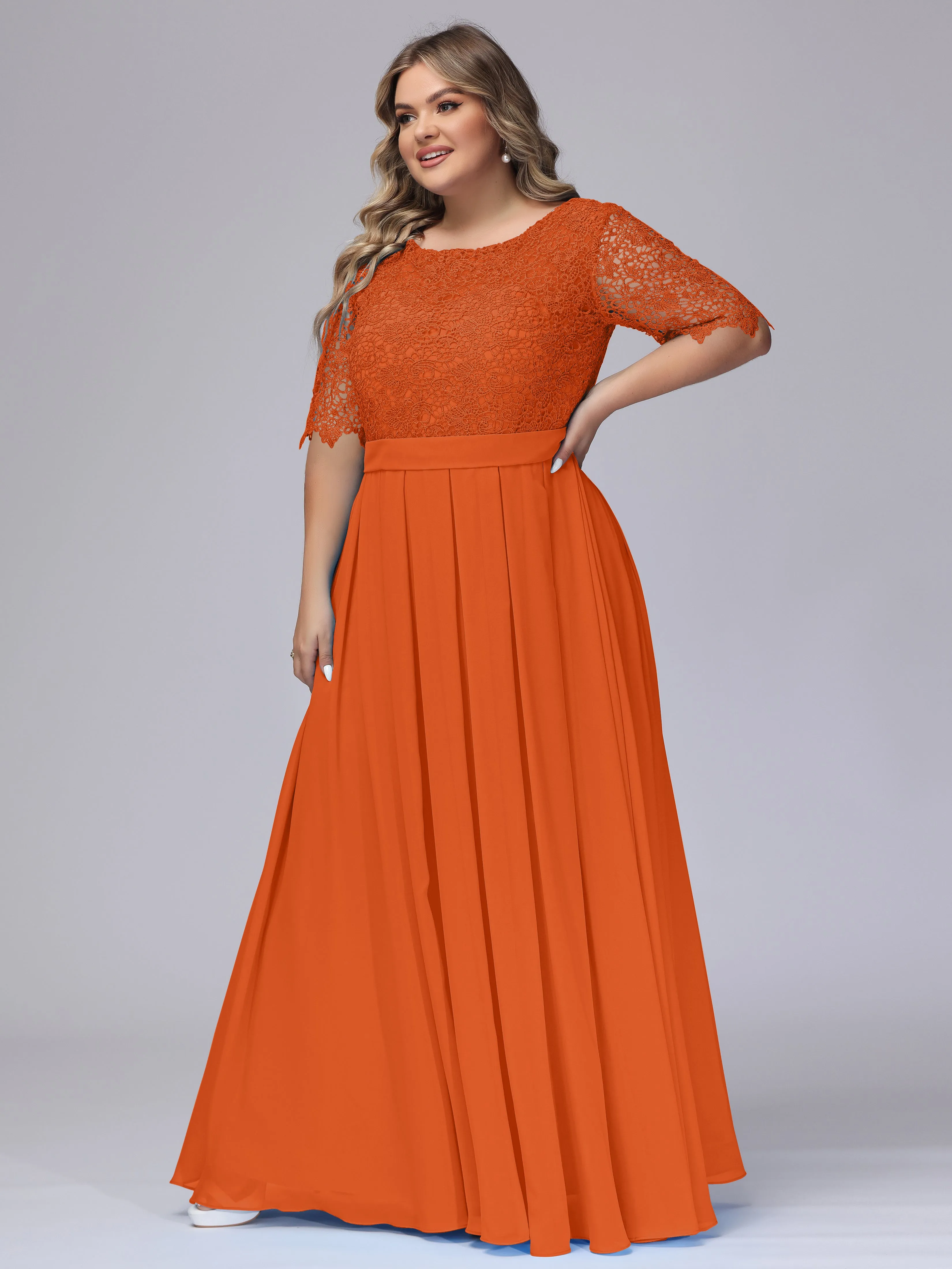 Half Sleeves Scoop Lace Long Plus Size Bridesmaid Dresses