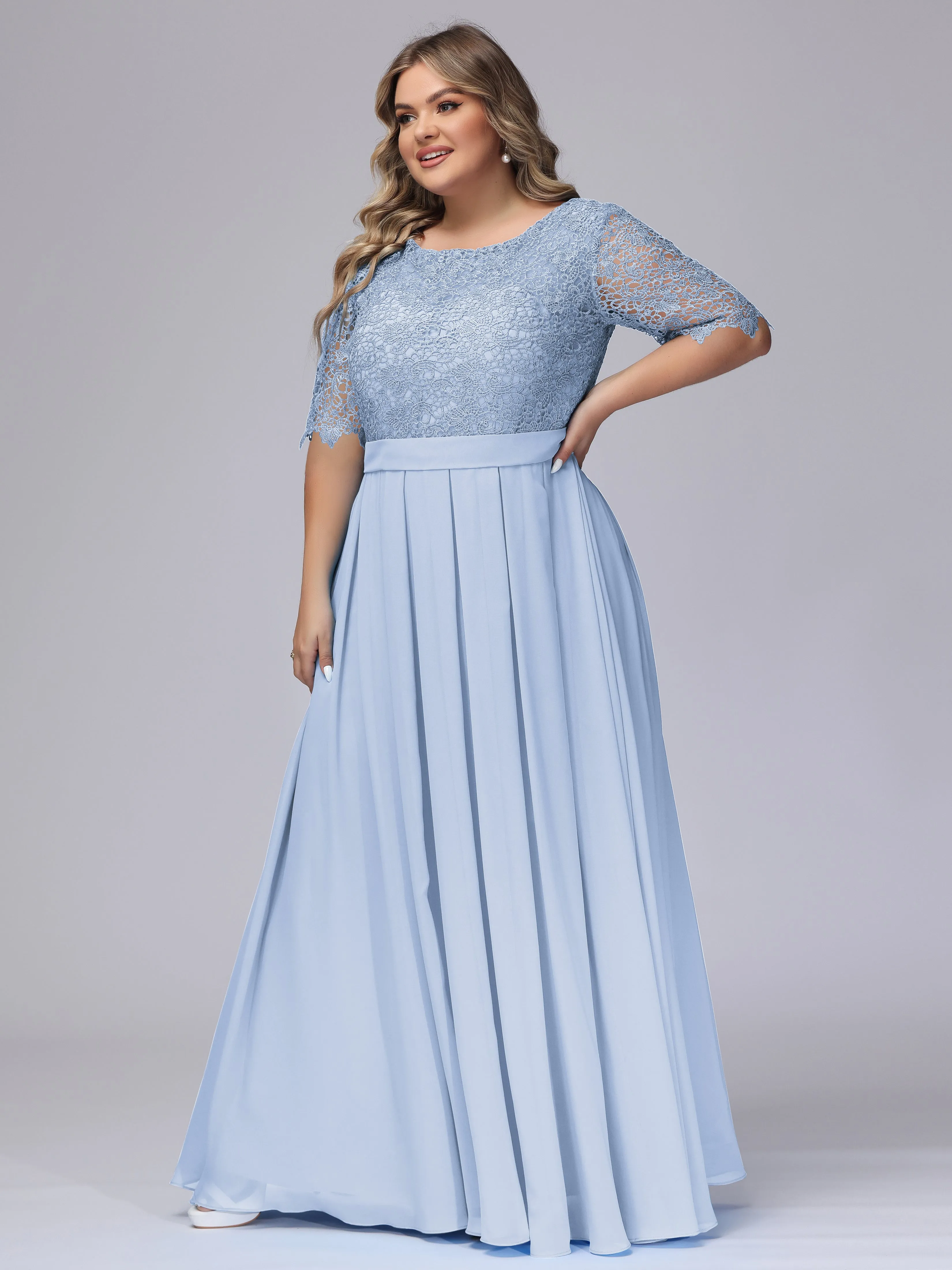 Half Sleeves Scoop Lace Long Plus Size Bridesmaid Dresses