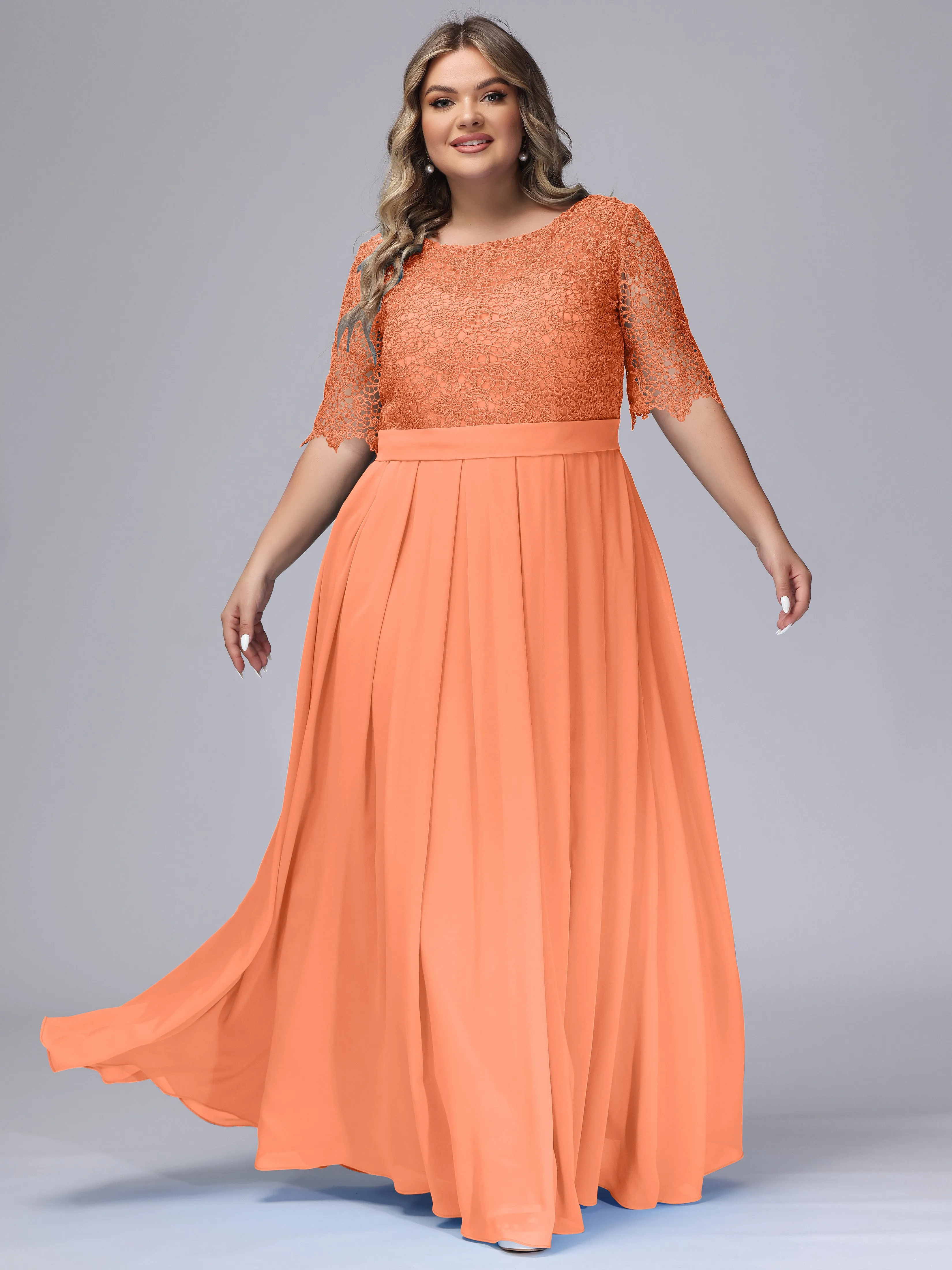 Half Sleeves Scoop Lace Long Plus Size Bridesmaid Dresses
