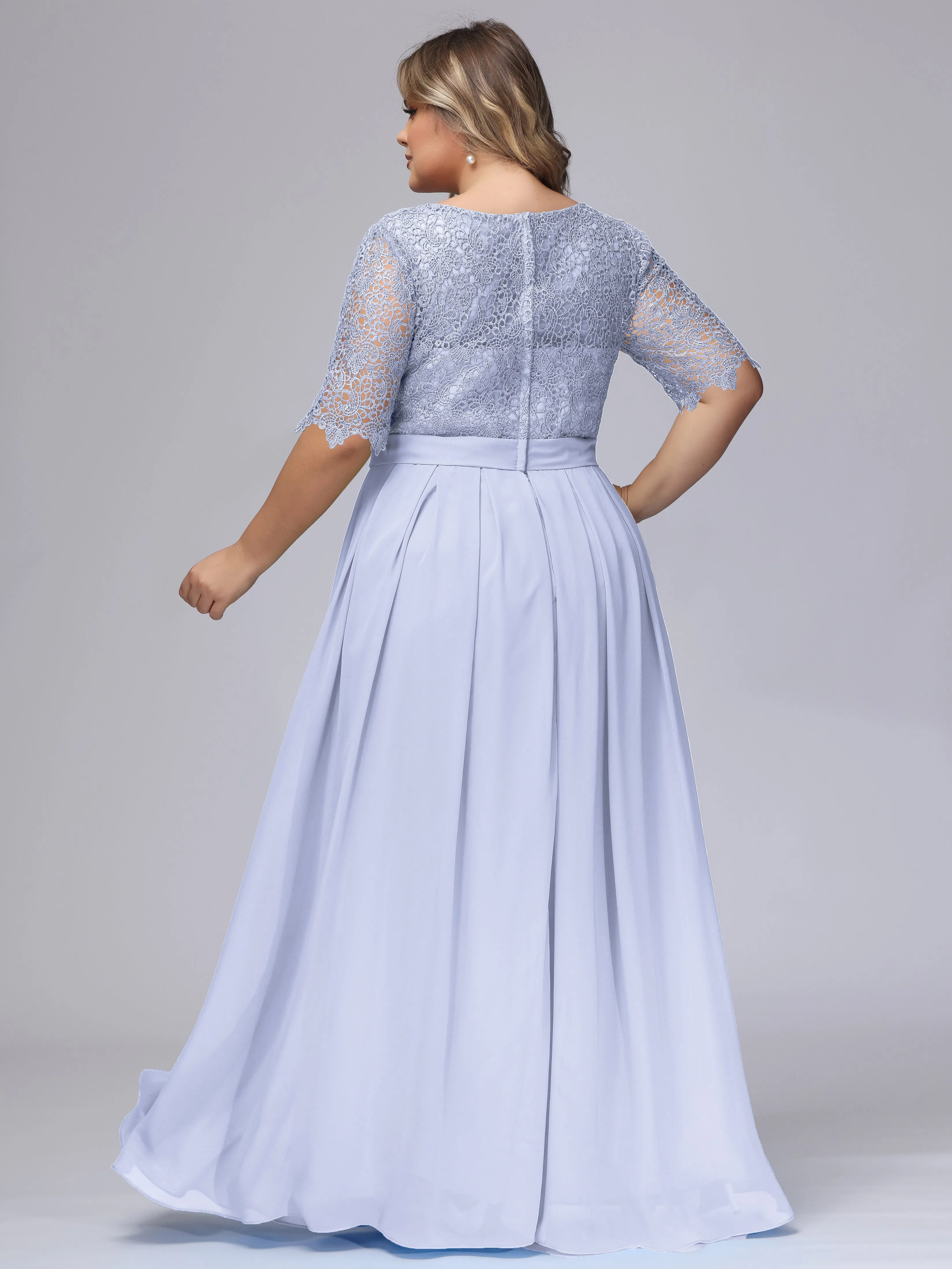 Half Sleeves Scoop Lace Long Plus Size Bridesmaid Dresses