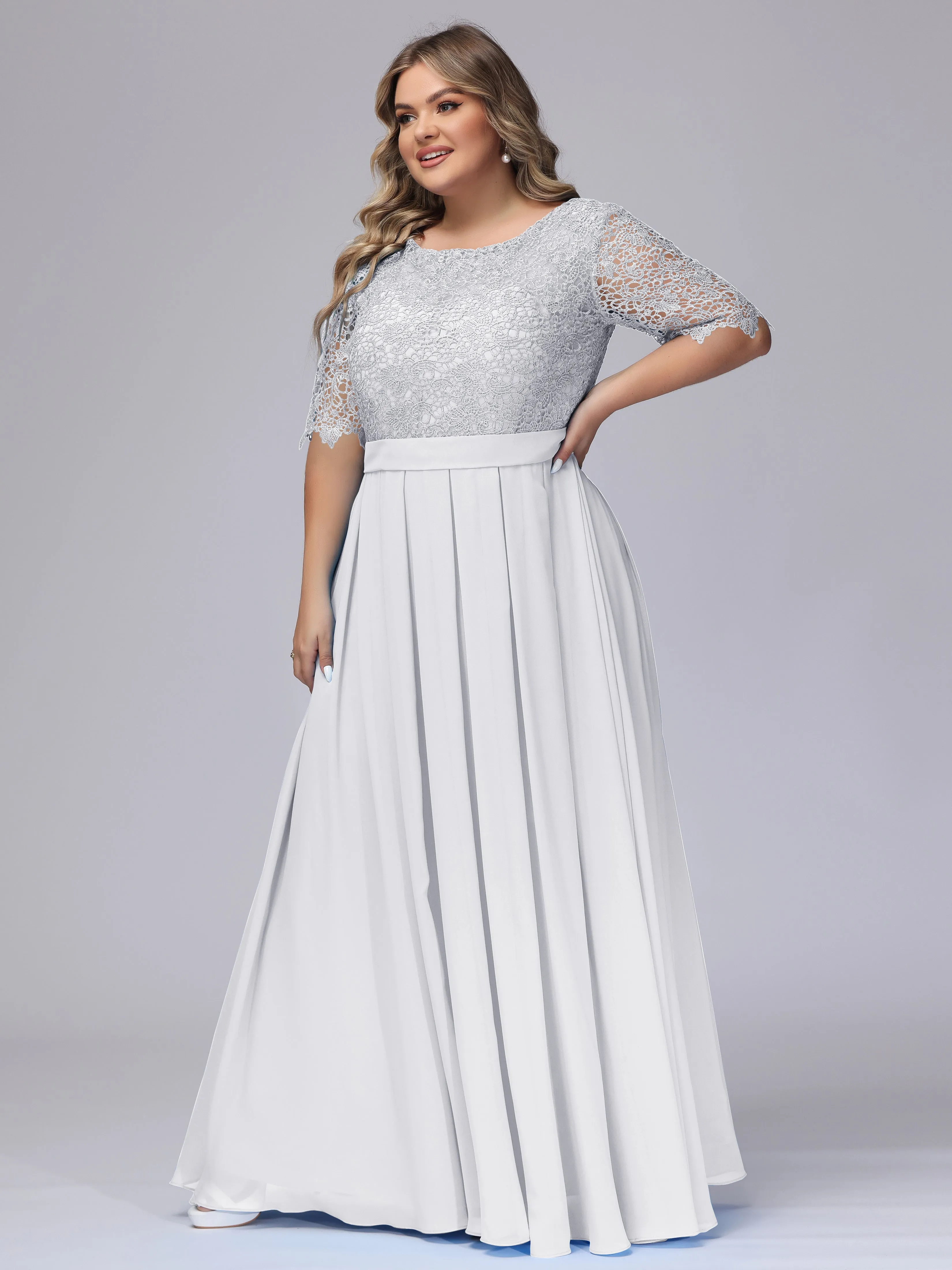 Half Sleeves Scoop Lace Long Plus Size Bridesmaid Dresses