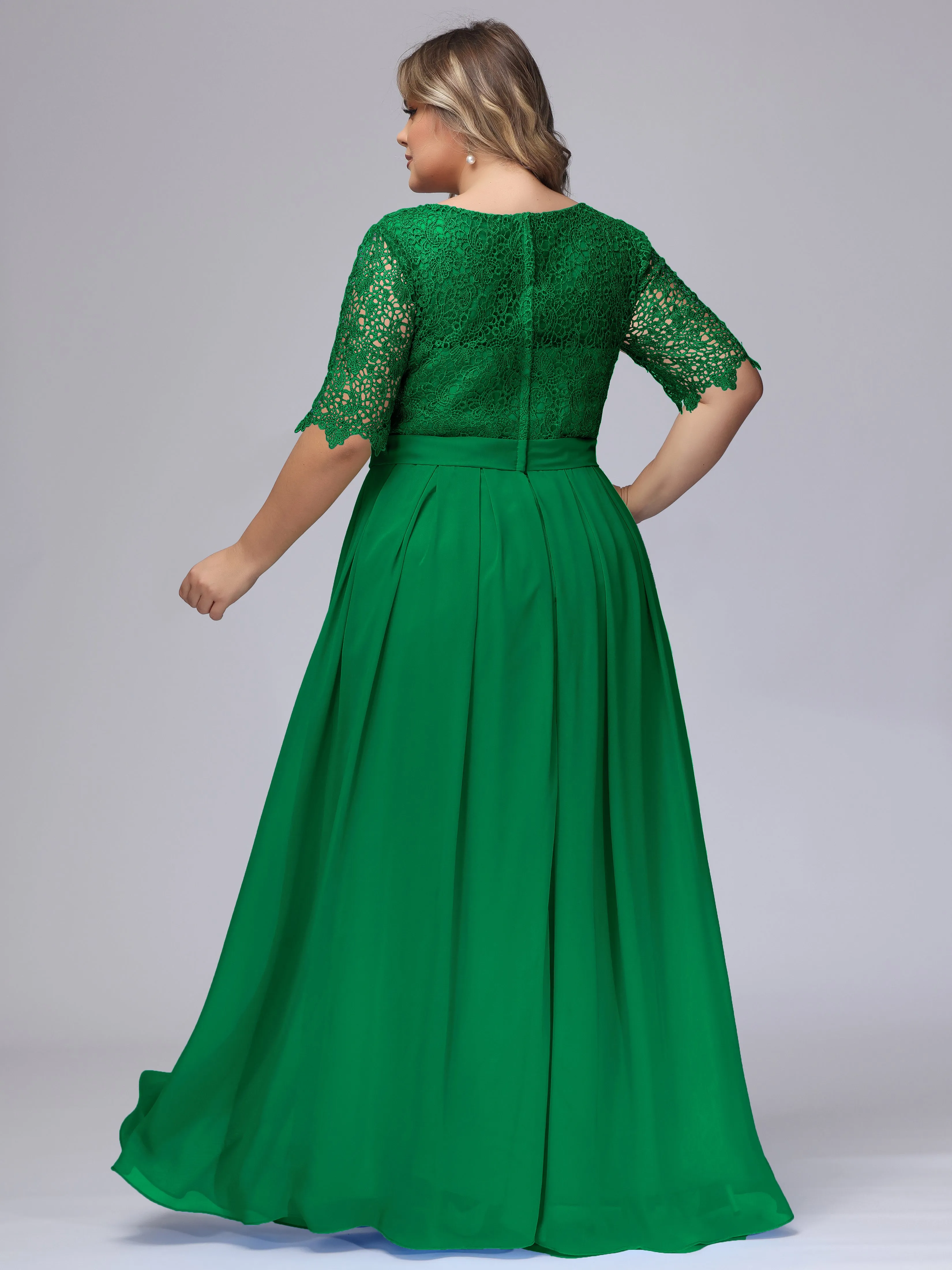 Half Sleeves Scoop Lace Long Plus Size Bridesmaid Dresses