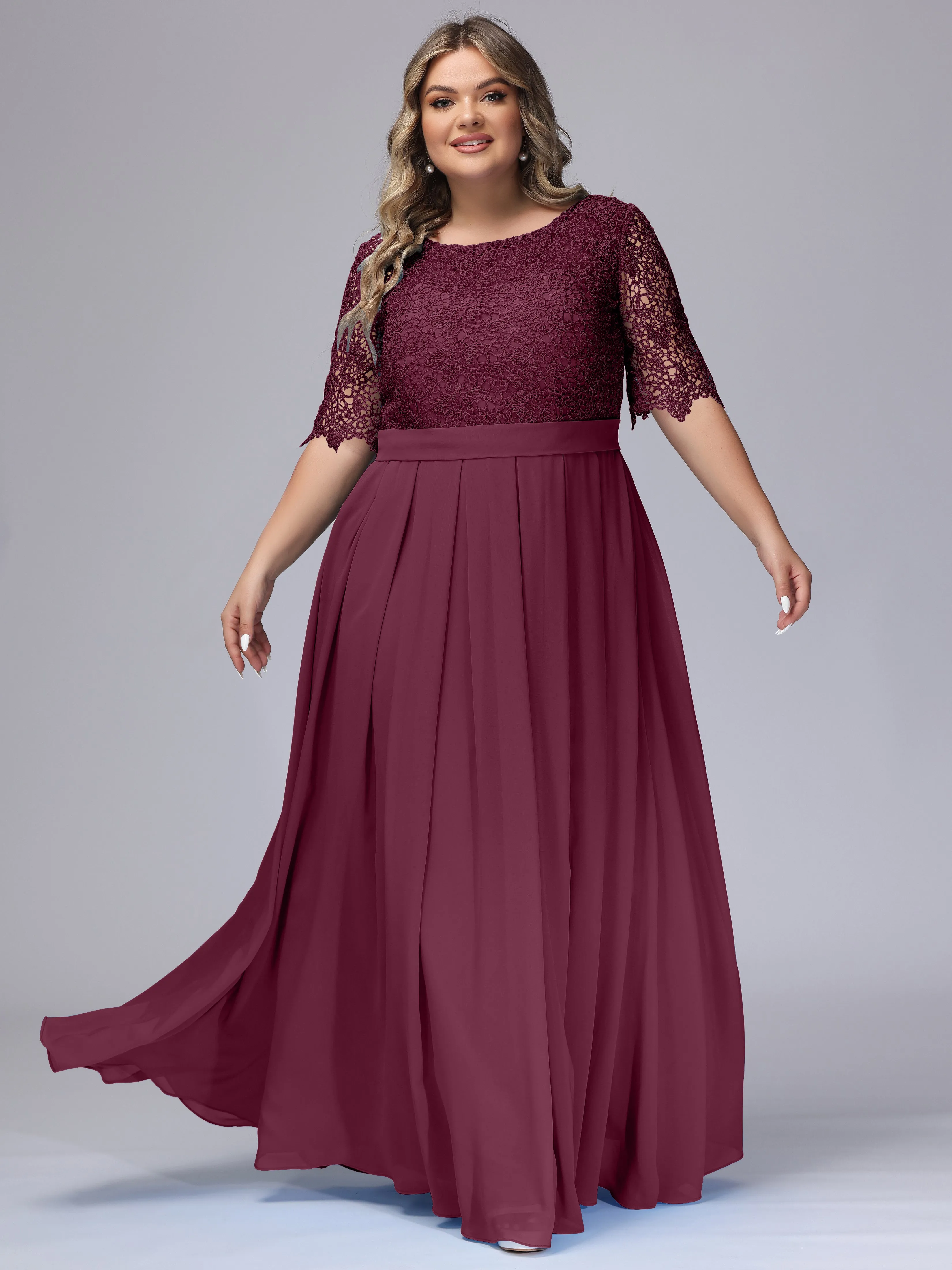 Half Sleeves Scoop Lace Long Plus Size Bridesmaid Dresses