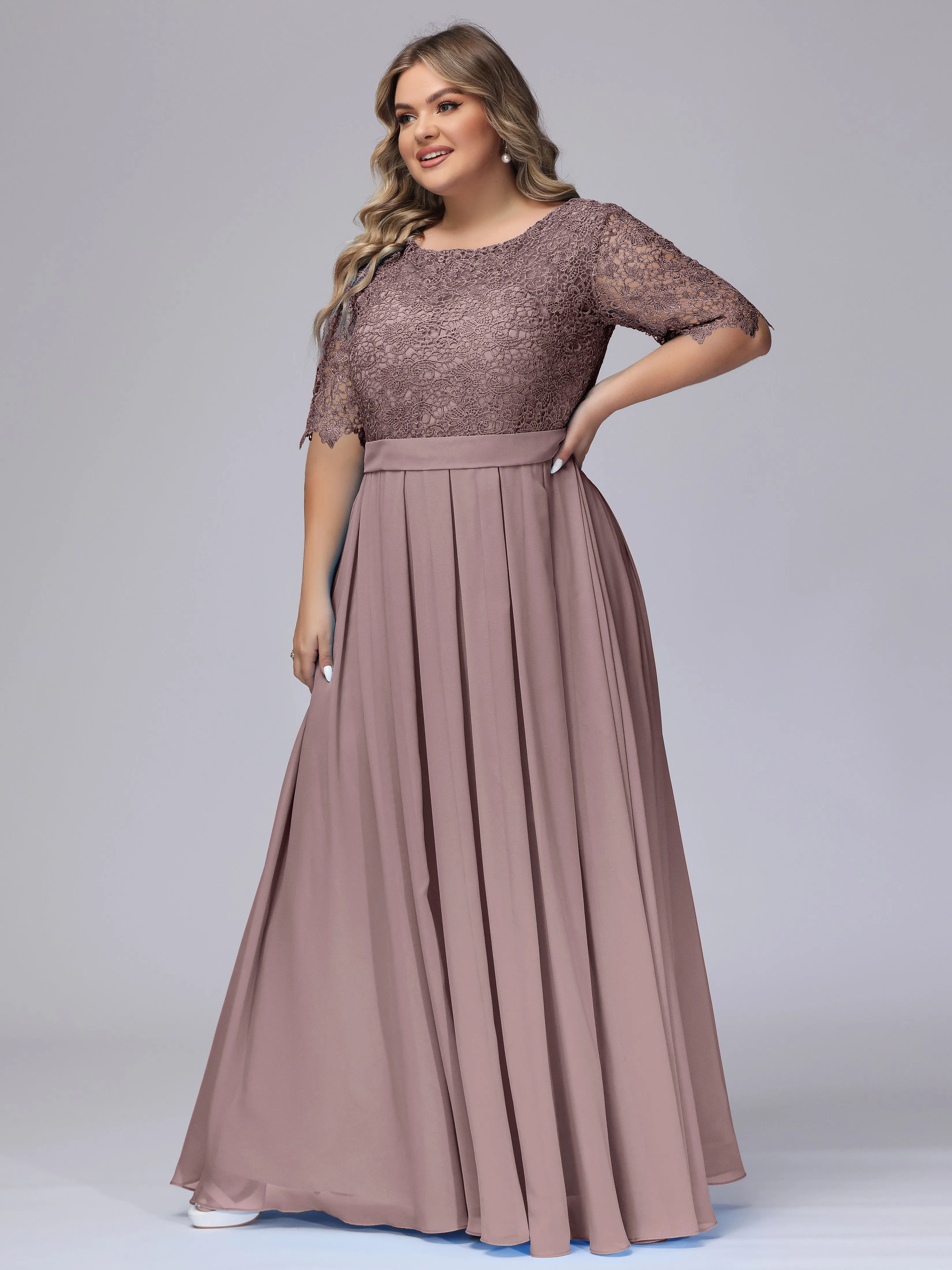 Half Sleeves Scoop Lace Long Plus Size Bridesmaid Dresses