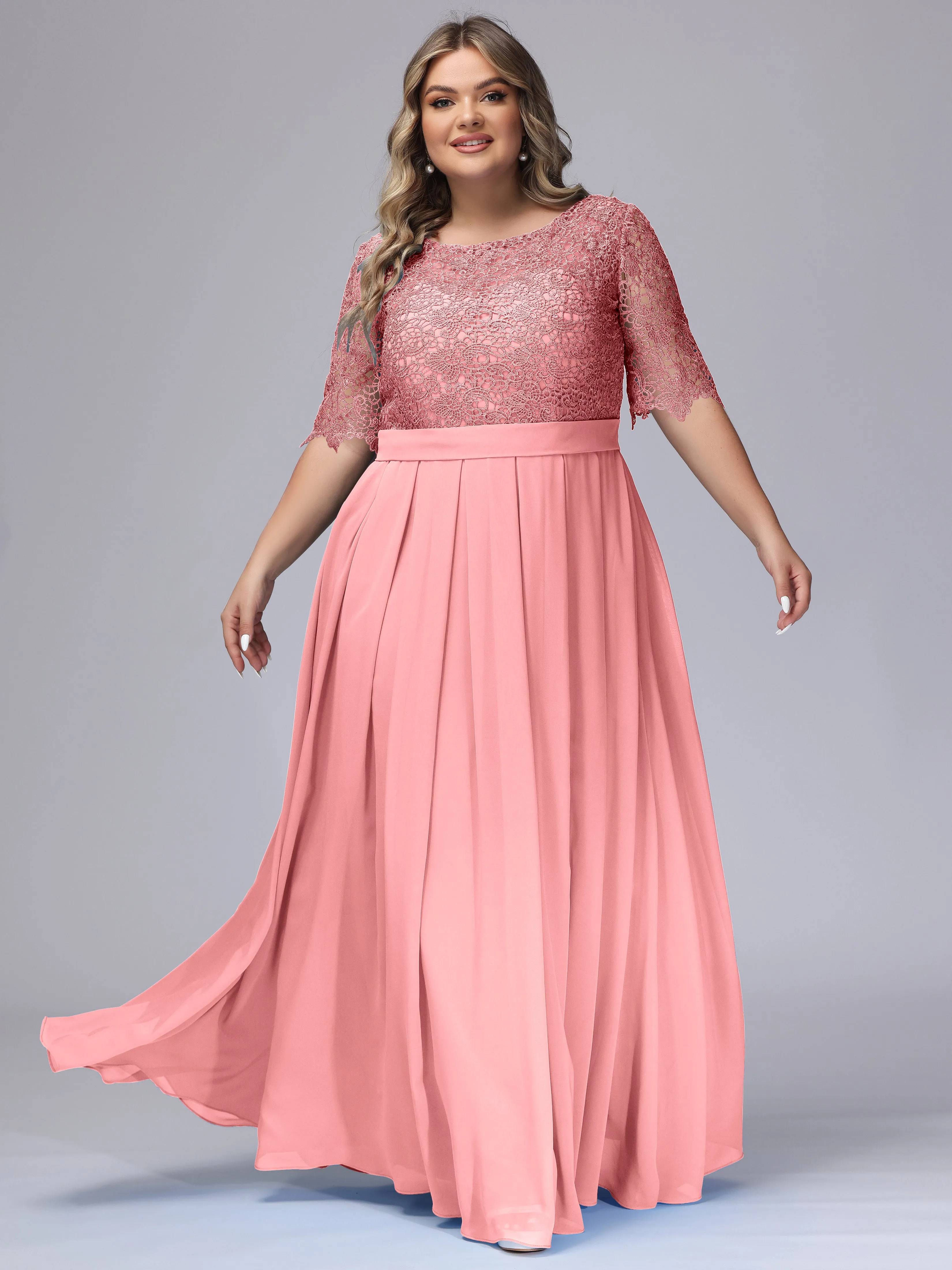 Half Sleeves Scoop Lace Long Plus Size Bridesmaid Dresses