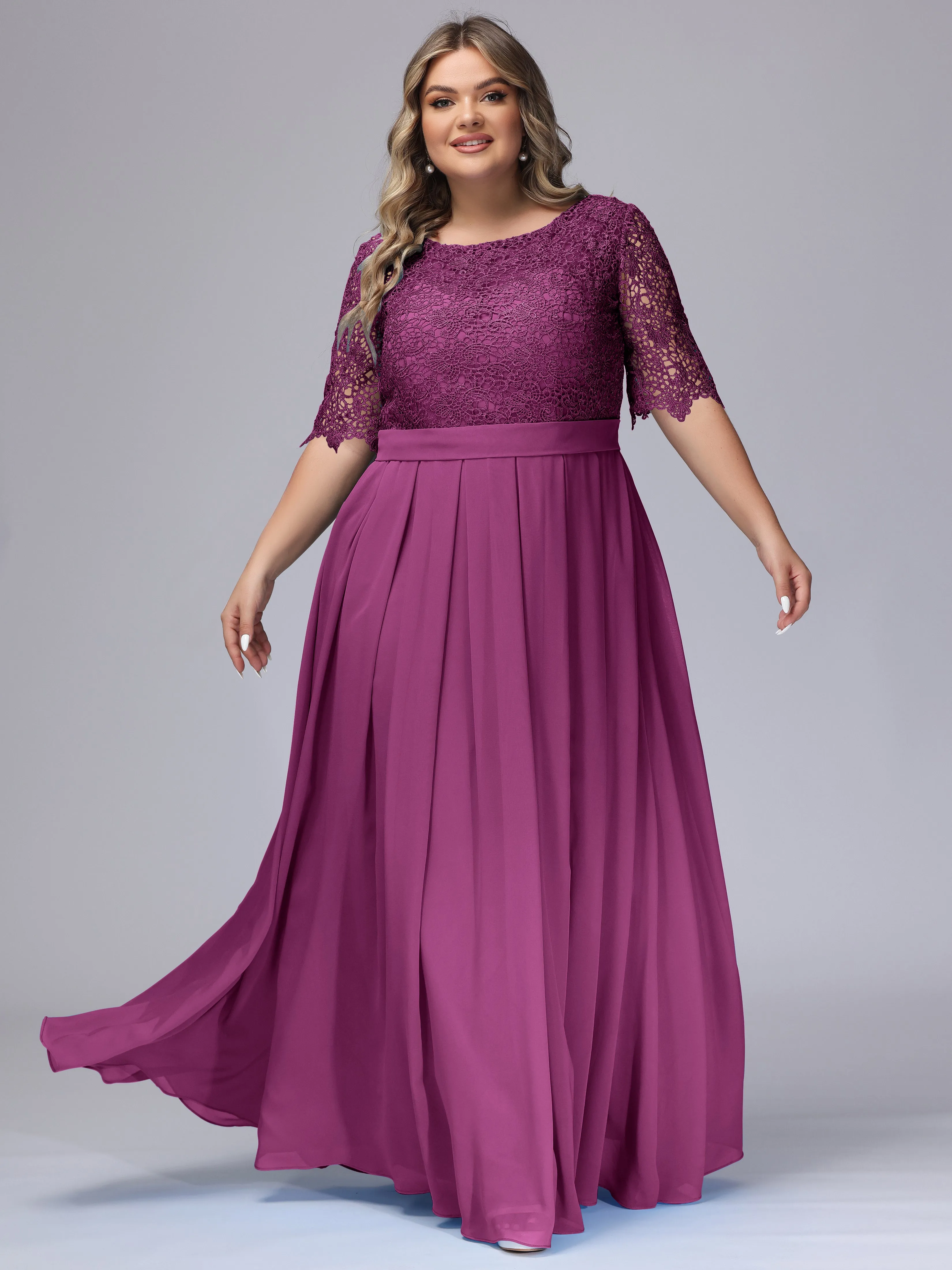 Half Sleeves Scoop Lace Long Plus Size Bridesmaid Dresses