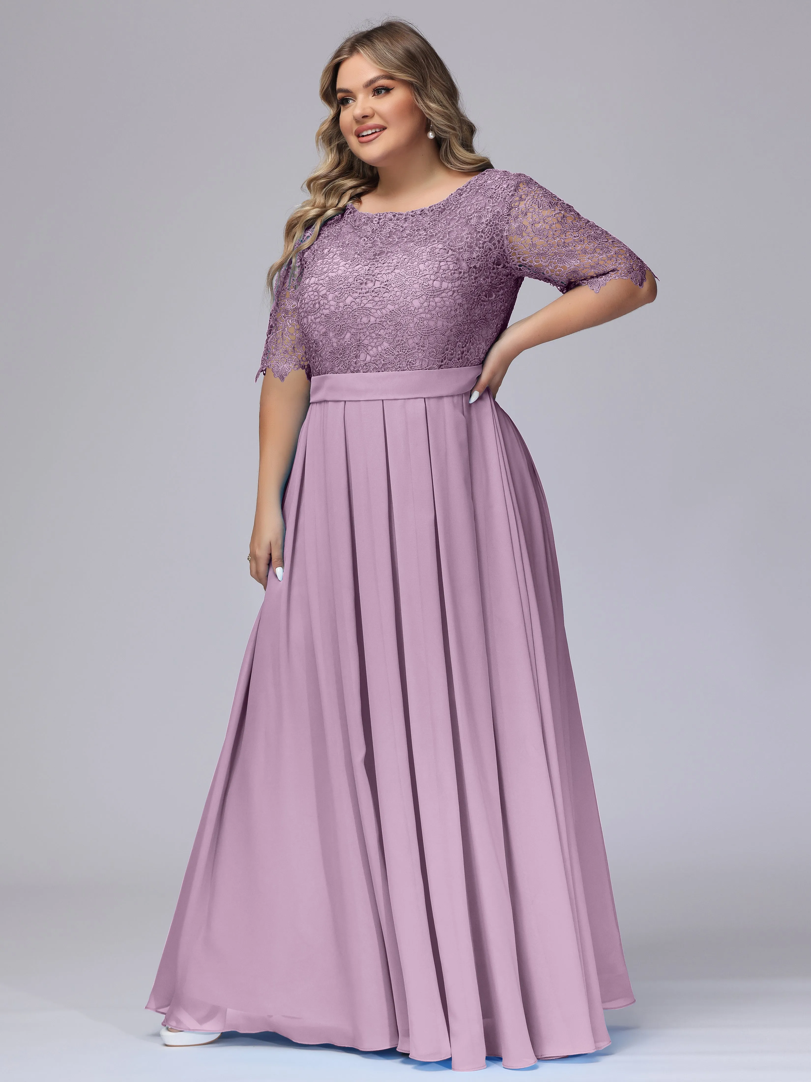 Half Sleeves Scoop Lace Long Plus Size Bridesmaid Dresses