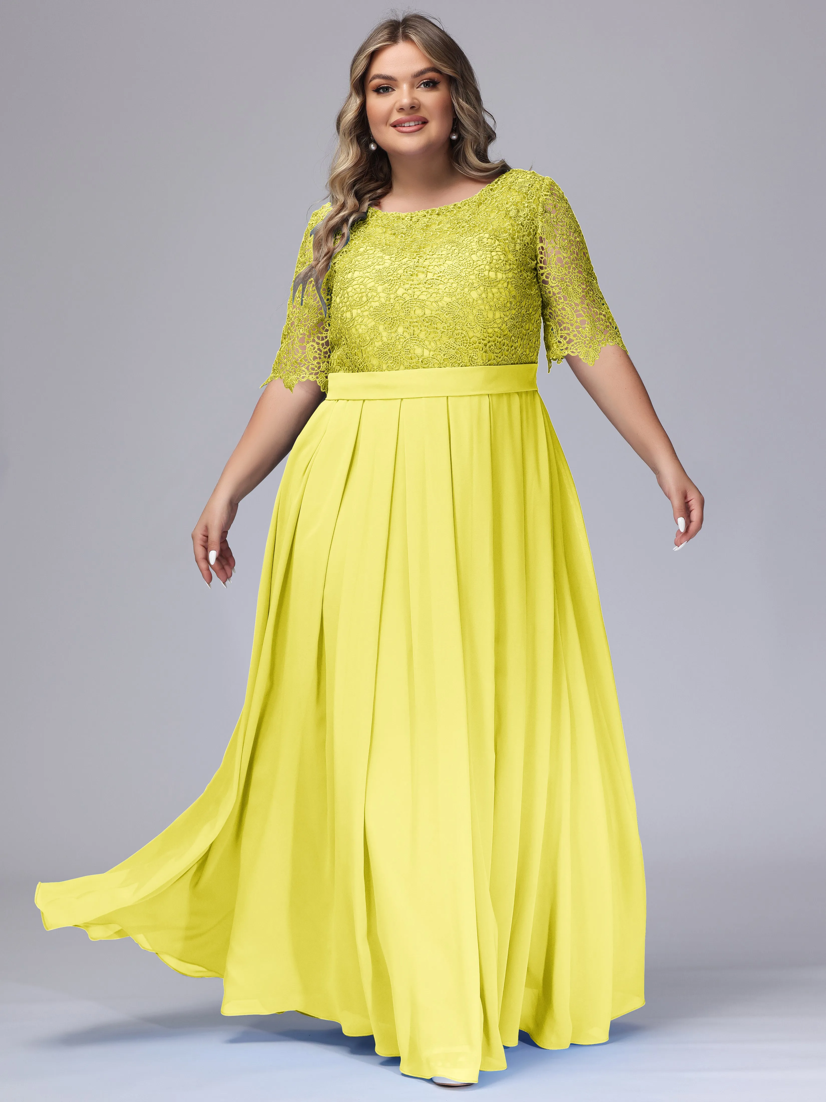 Half Sleeves Scoop Lace Long Plus Size Bridesmaid Dresses