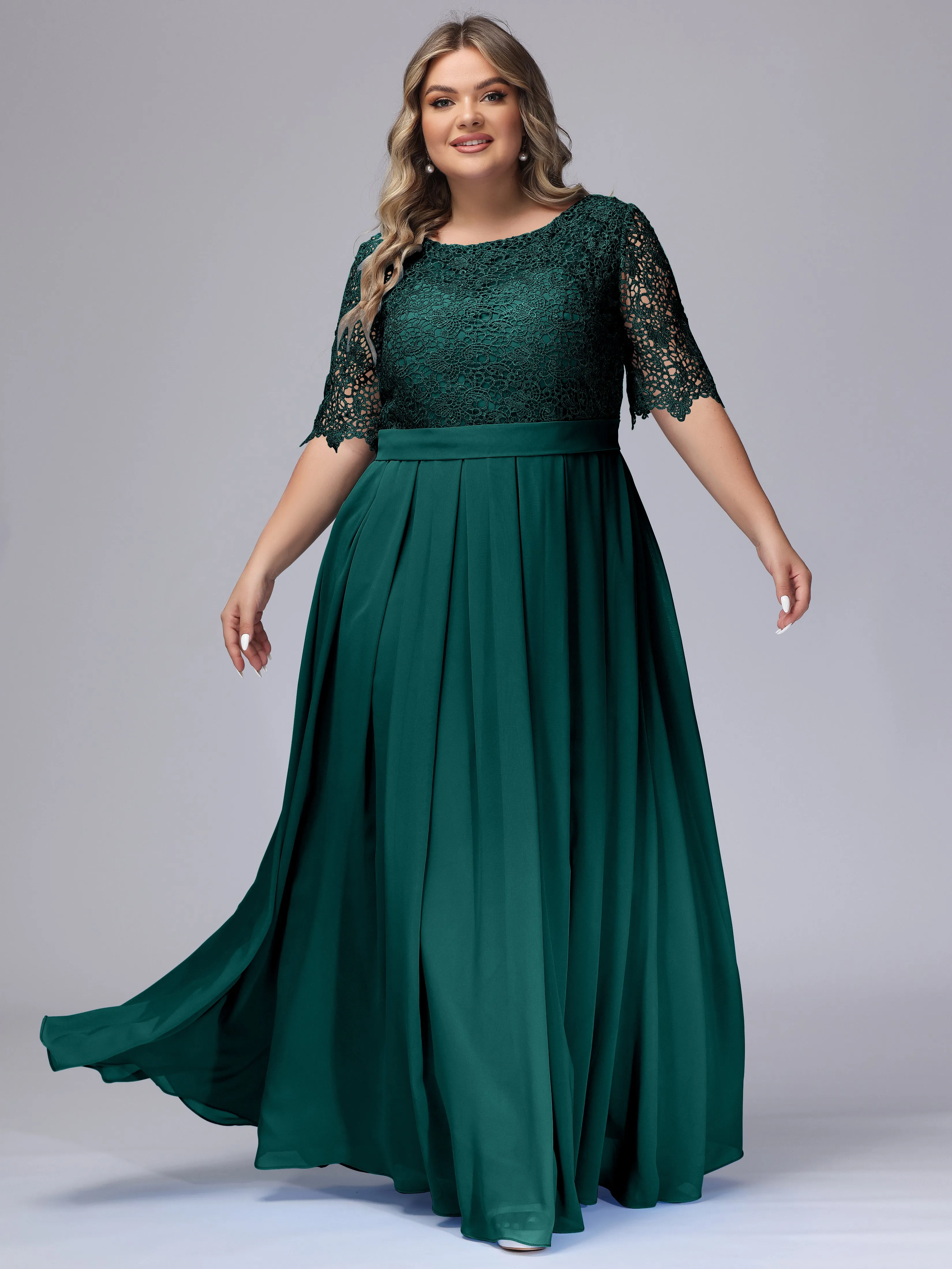 Half Sleeves Scoop Lace Long Plus Size Bridesmaid Dresses