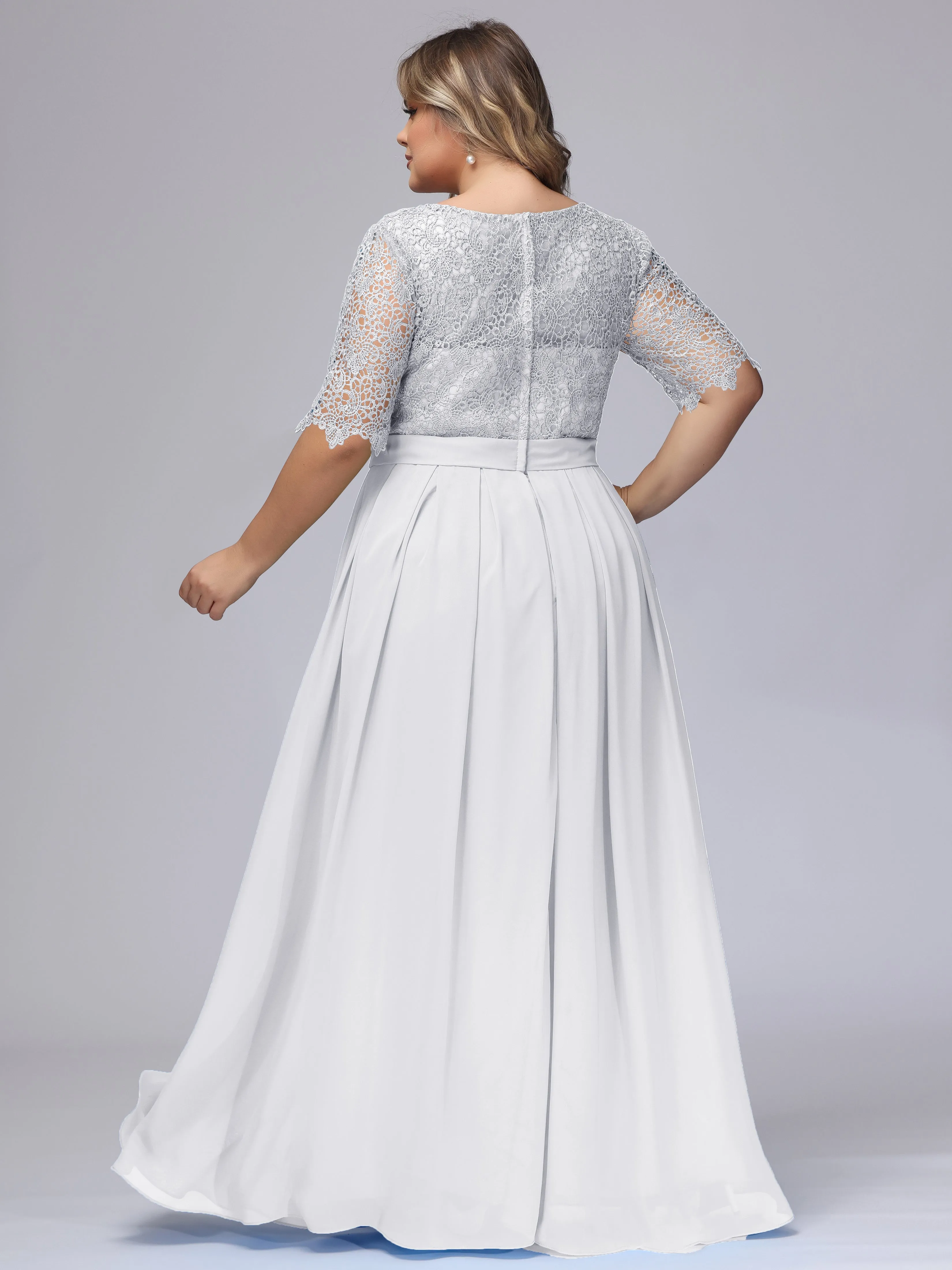 Half Sleeves Scoop Lace Long Plus Size Bridesmaid Dresses