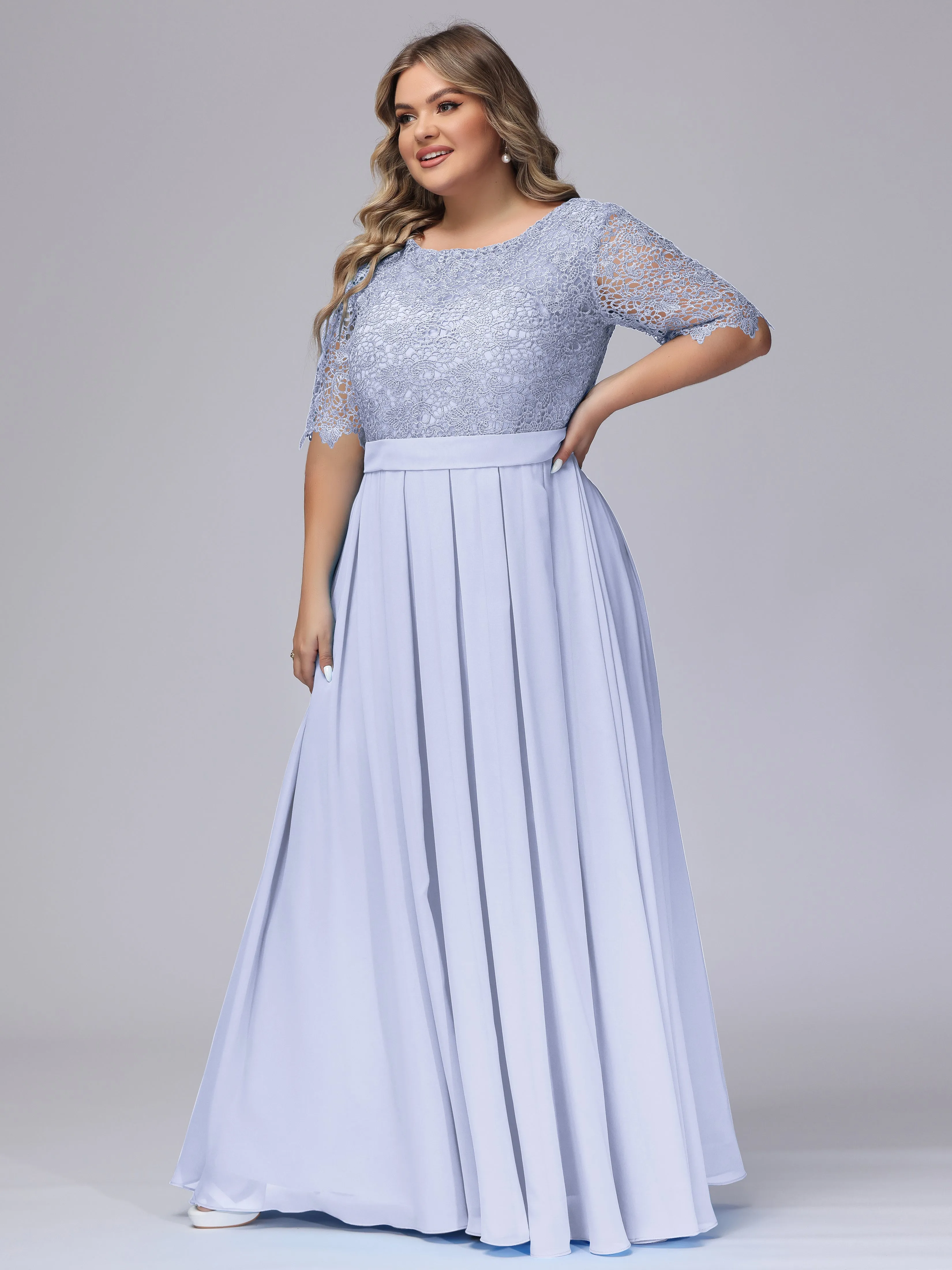 Half Sleeves Scoop Lace Long Plus Size Bridesmaid Dresses