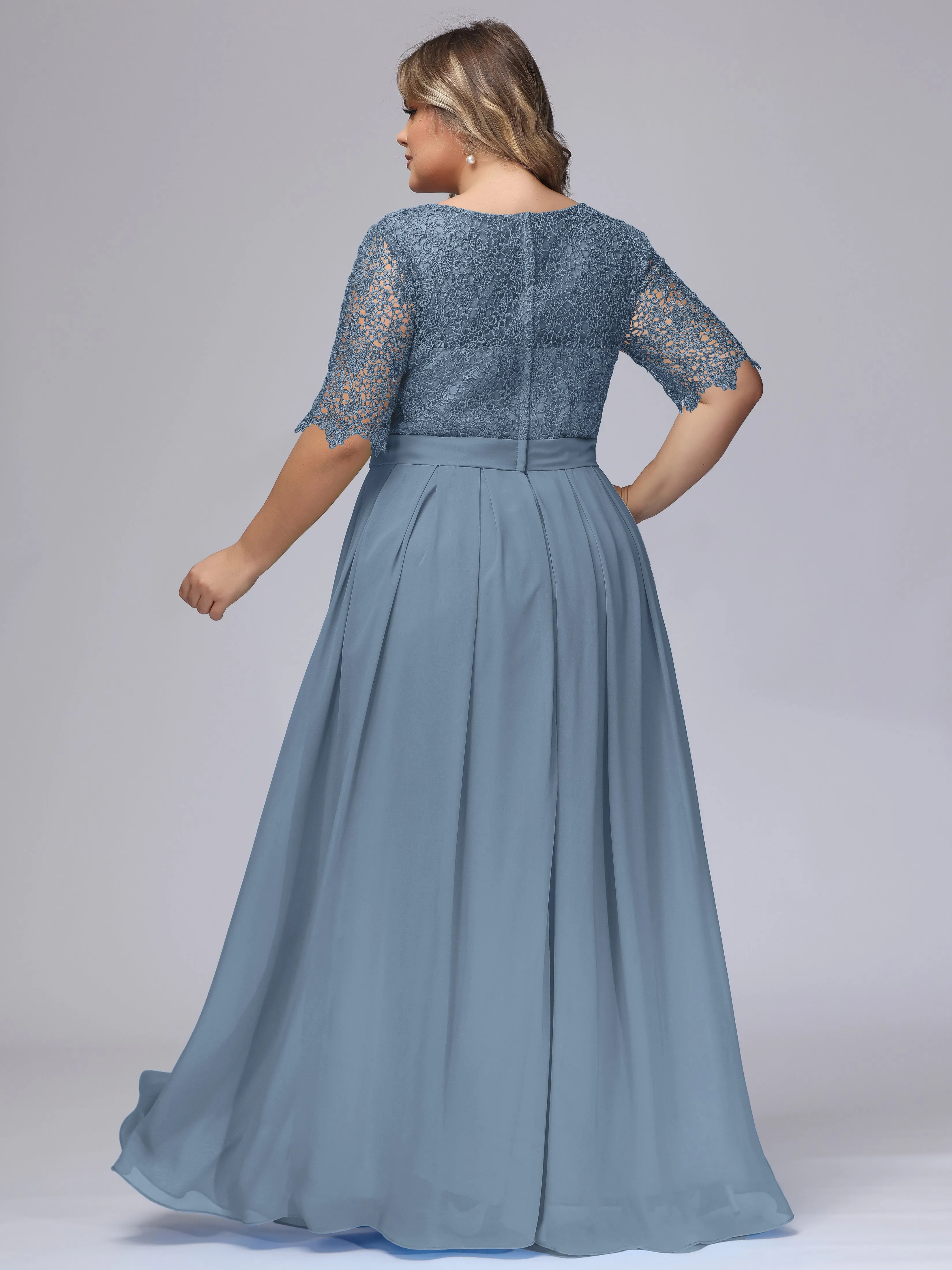 Half Sleeves Scoop Lace Long Plus Size Bridesmaid Dresses