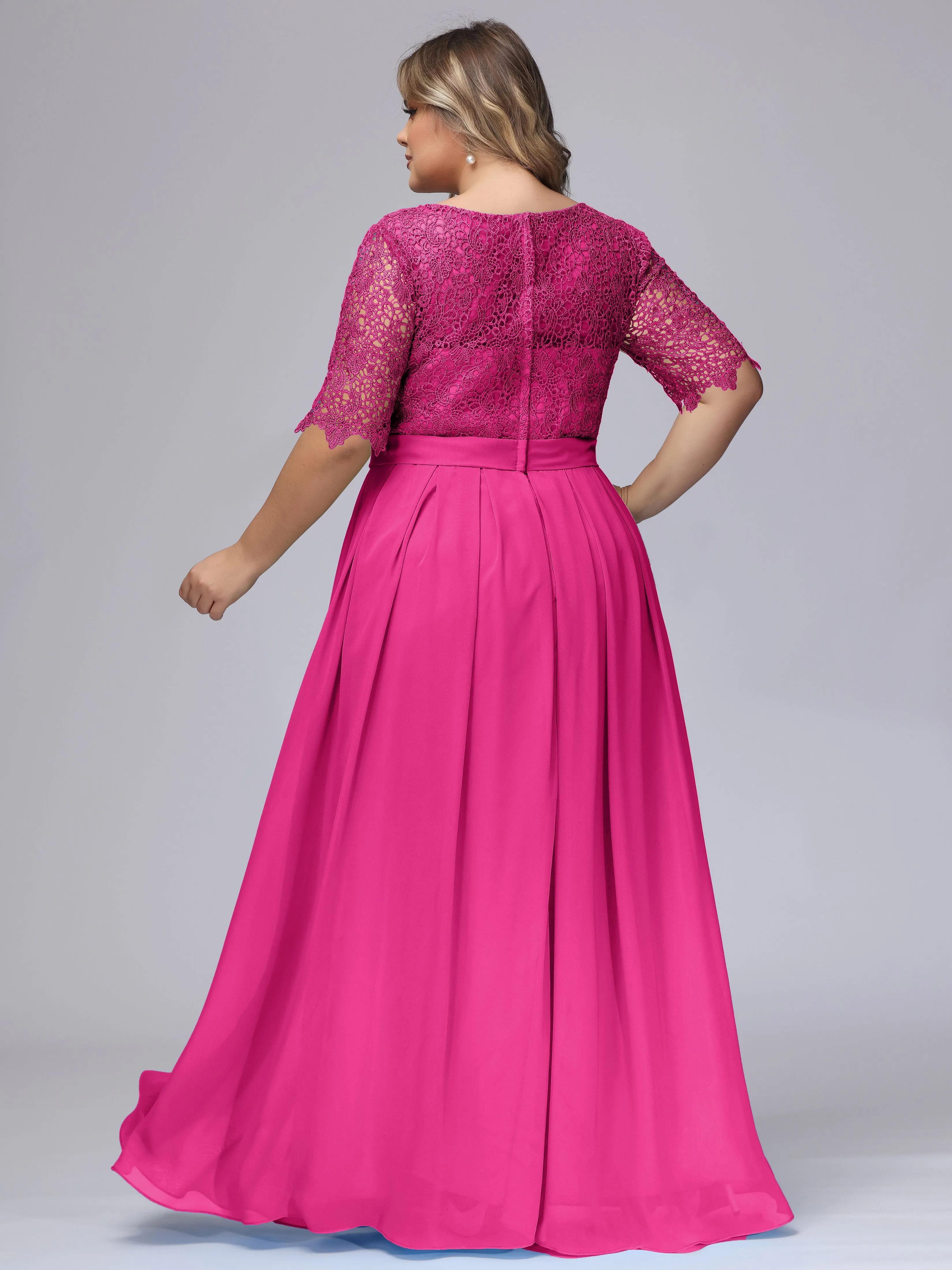 Half Sleeves Scoop Lace Long Plus Size Bridesmaid Dresses