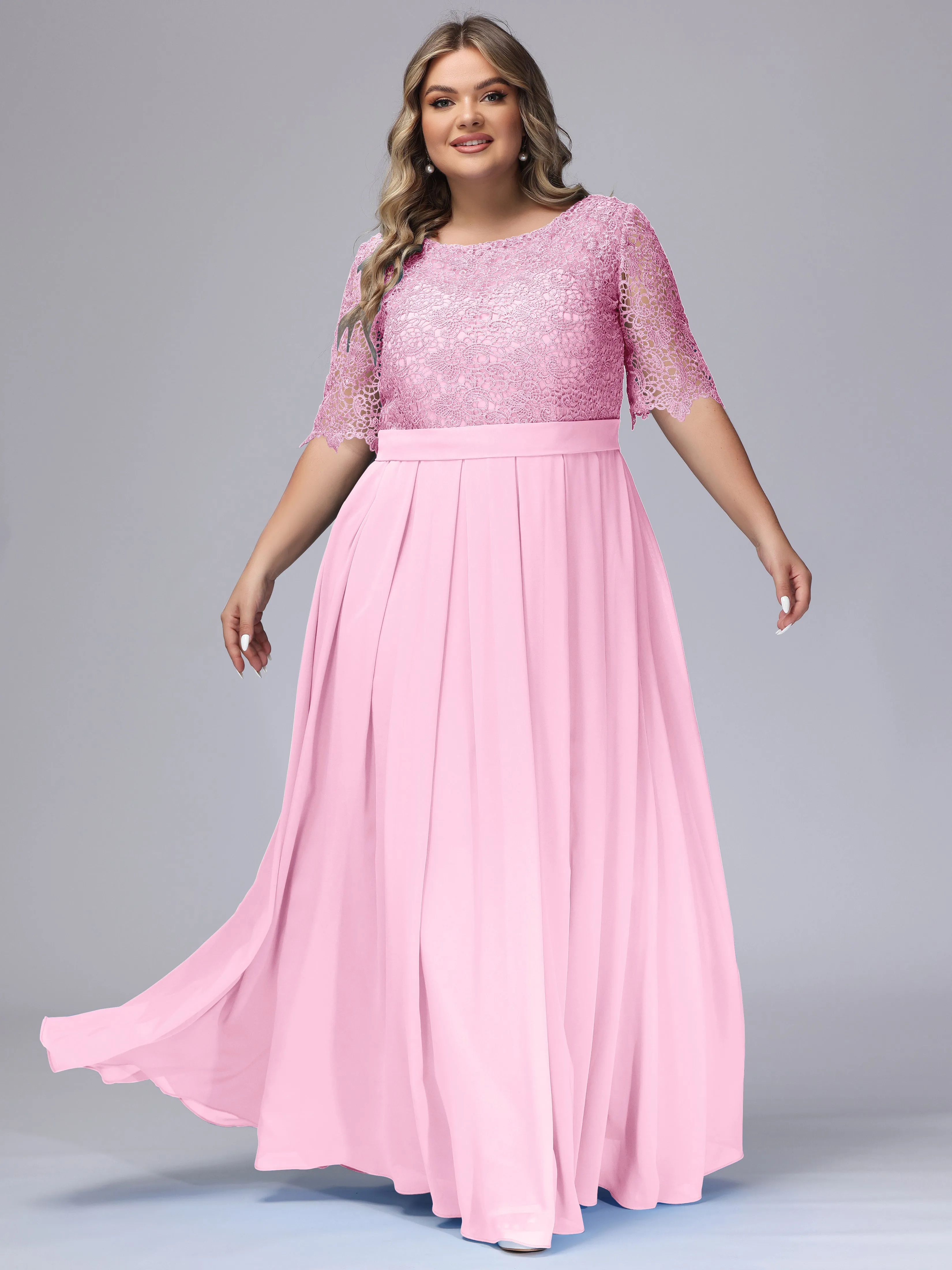 Half Sleeves Scoop Lace Long Plus Size Bridesmaid Dresses