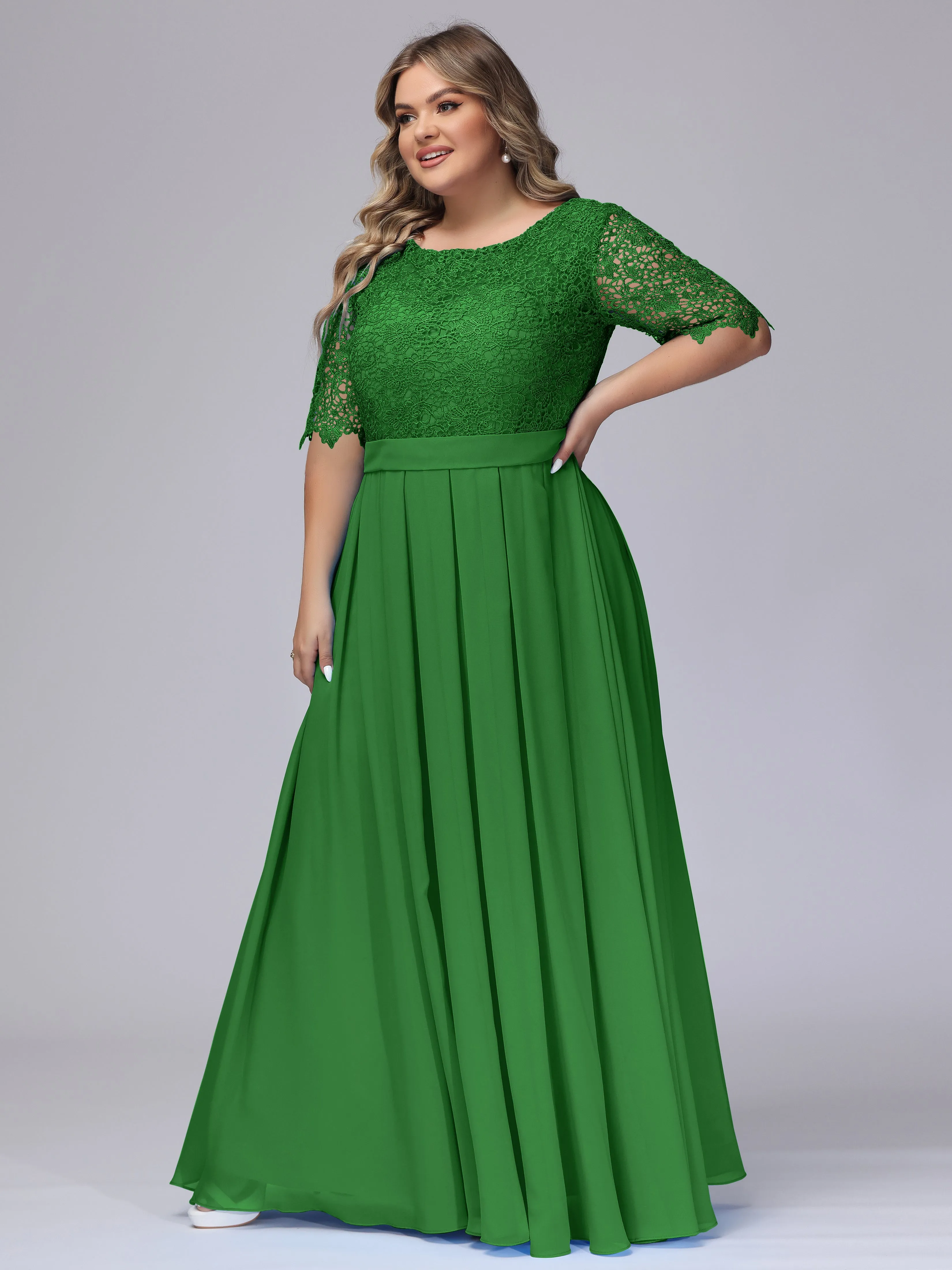 Half Sleeves Scoop Lace Long Plus Size Bridesmaid Dresses