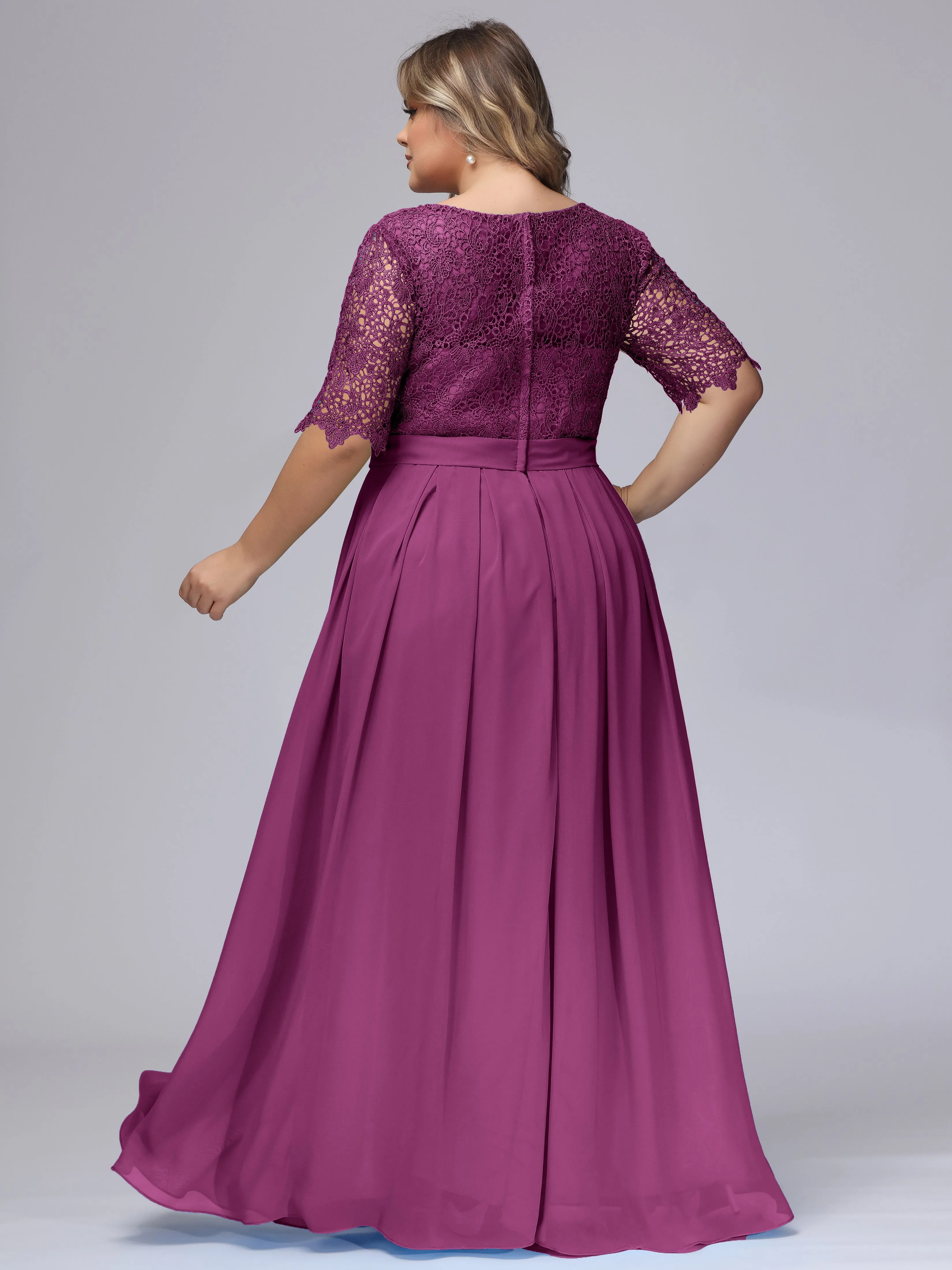 Half Sleeves Scoop Lace Long Plus Size Bridesmaid Dresses