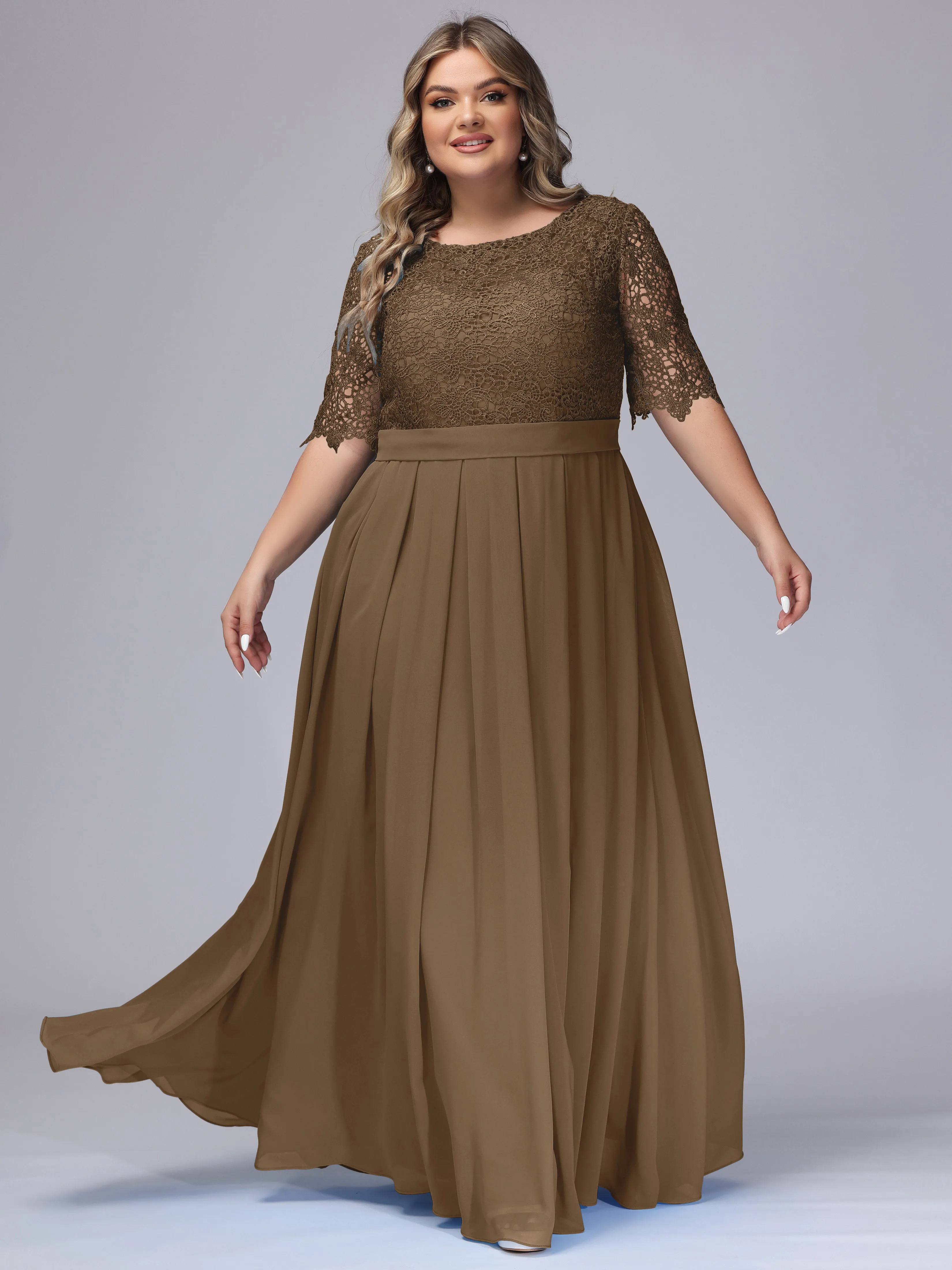 Half Sleeves Scoop Lace Long Plus Size Bridesmaid Dresses