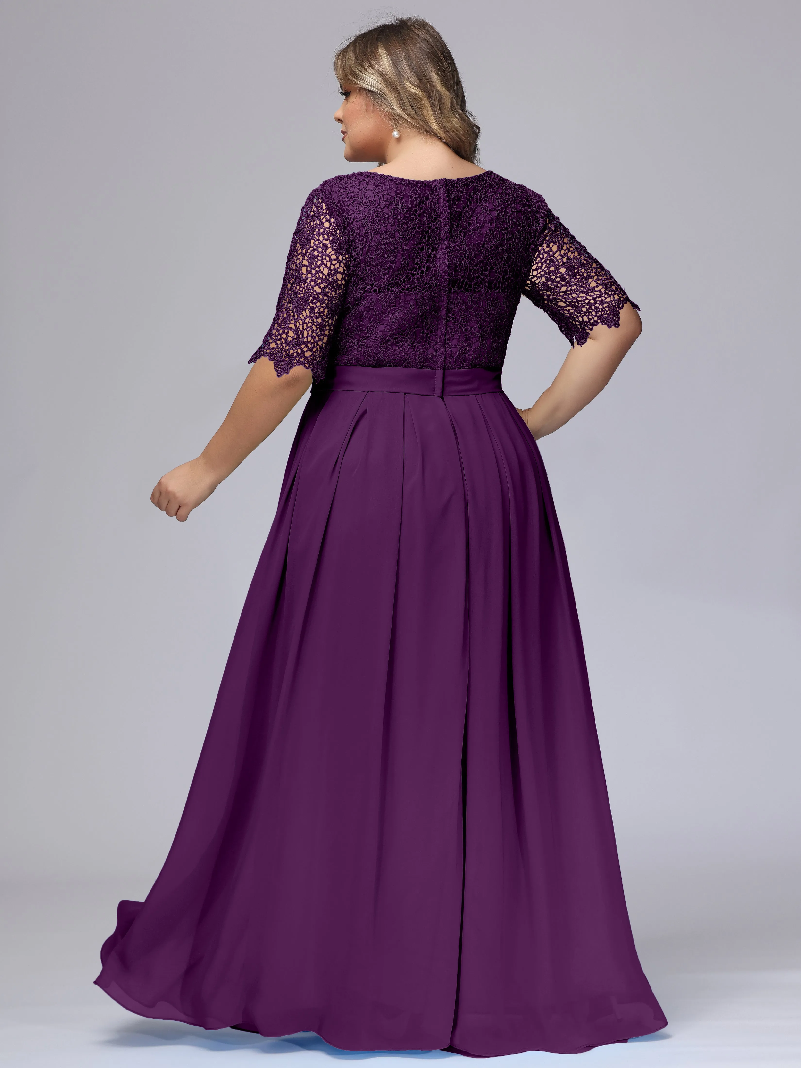 Half Sleeves Scoop Lace Long Plus Size Bridesmaid Dresses
