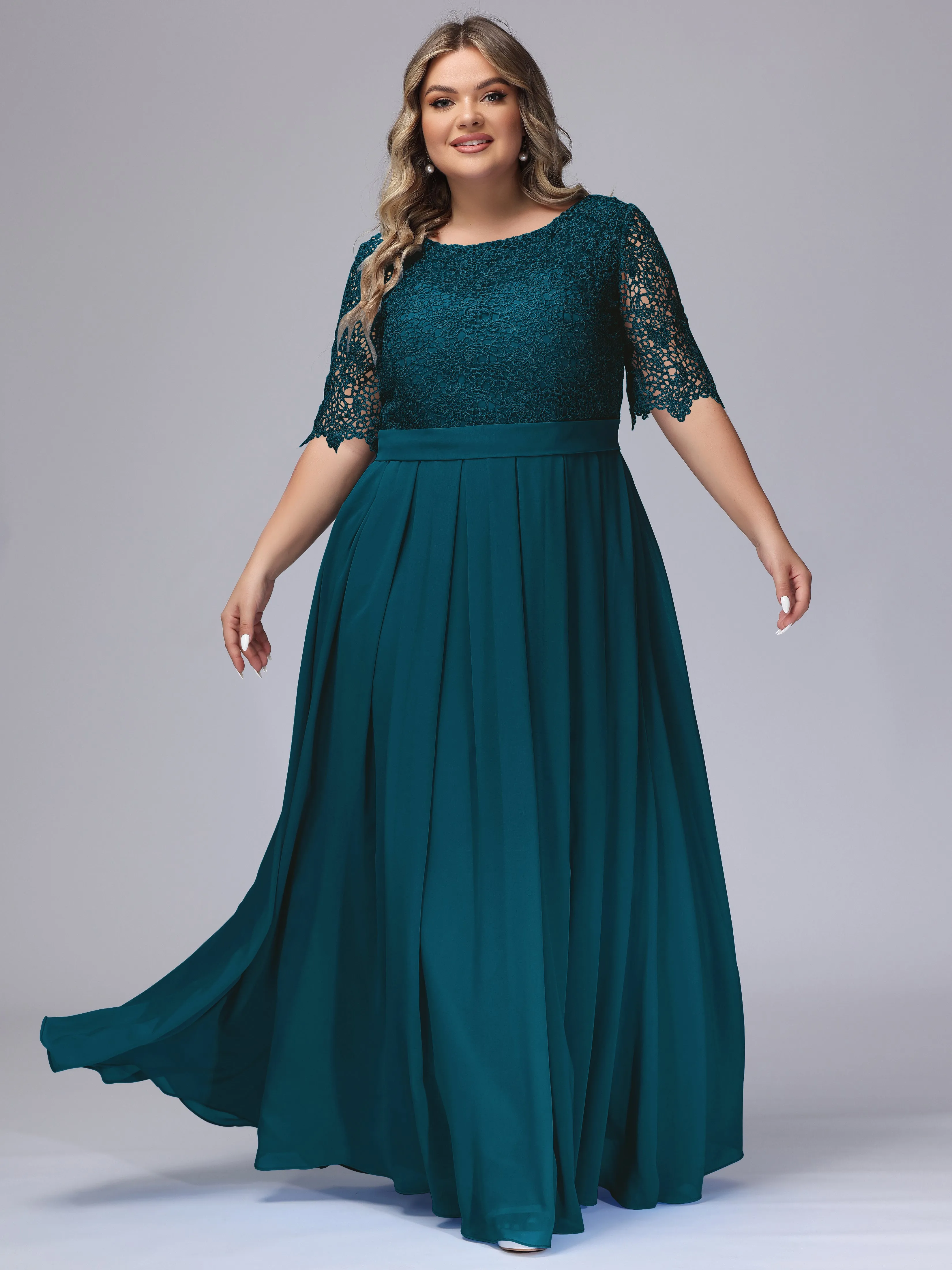 Half Sleeves Scoop Lace Long Plus Size Bridesmaid Dresses