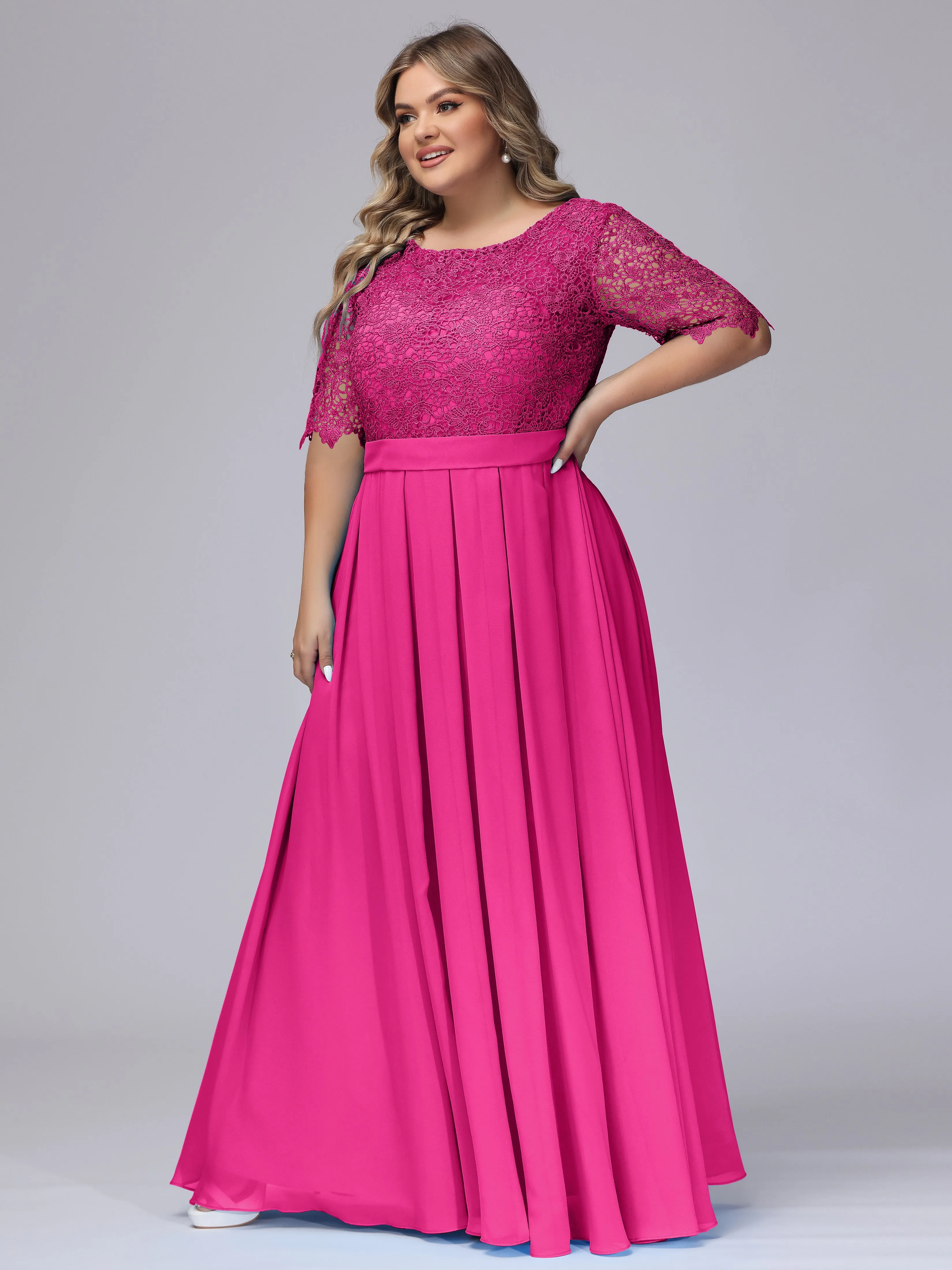 Half Sleeves Scoop Lace Long Plus Size Bridesmaid Dresses