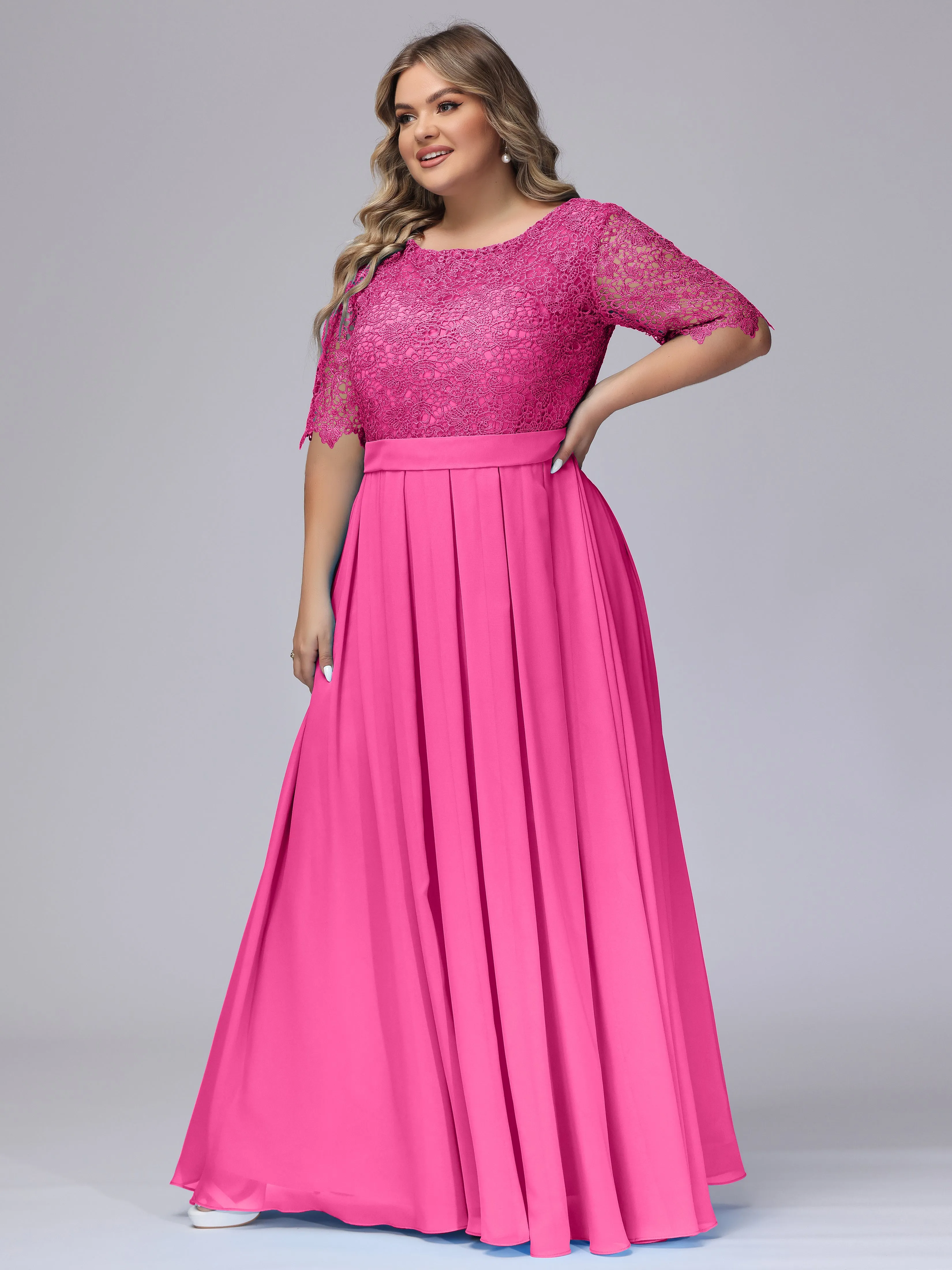 Half Sleeves Scoop Lace Long Plus Size Bridesmaid Dresses