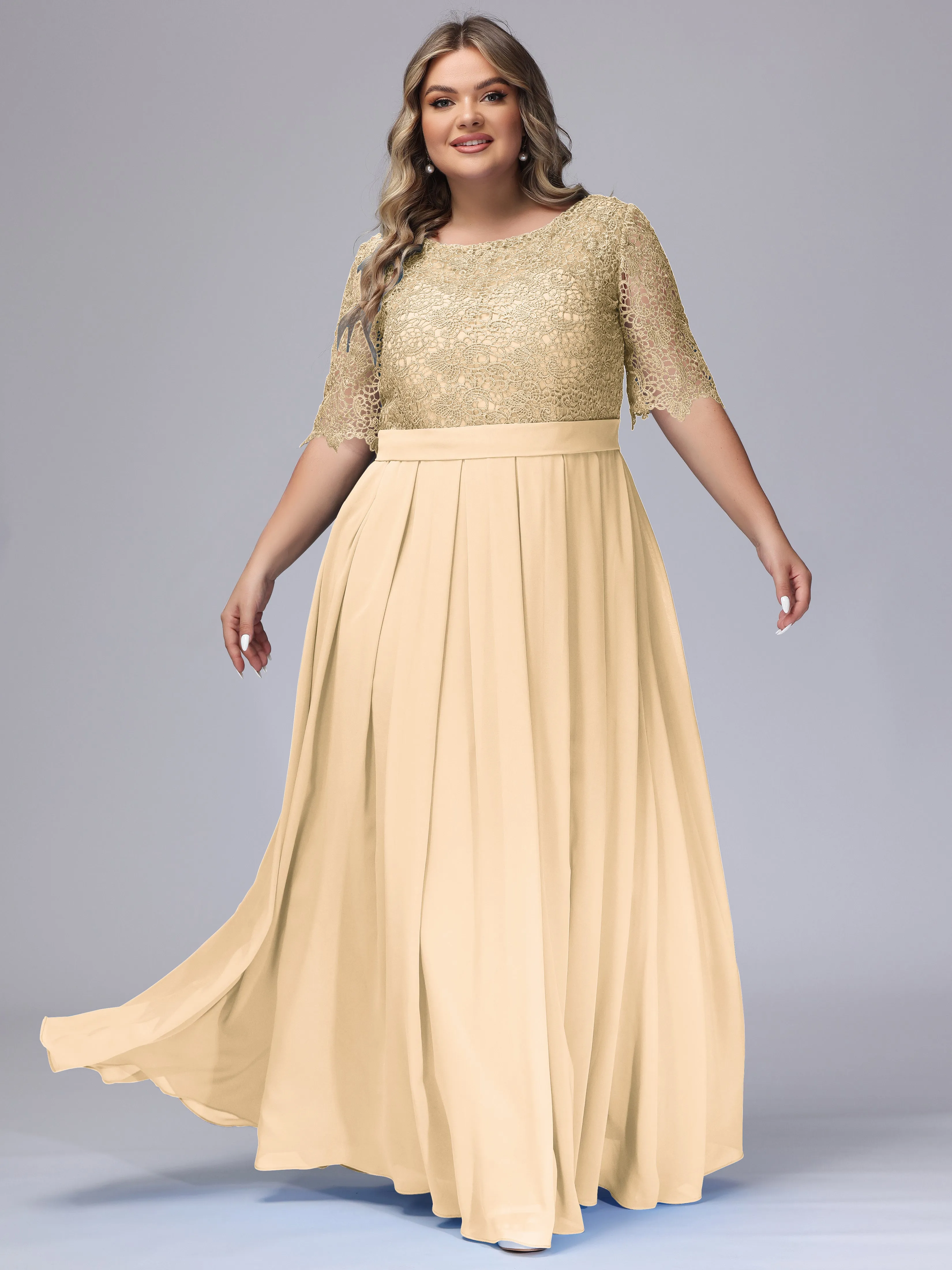 Half Sleeves Scoop Lace Long Plus Size Bridesmaid Dresses