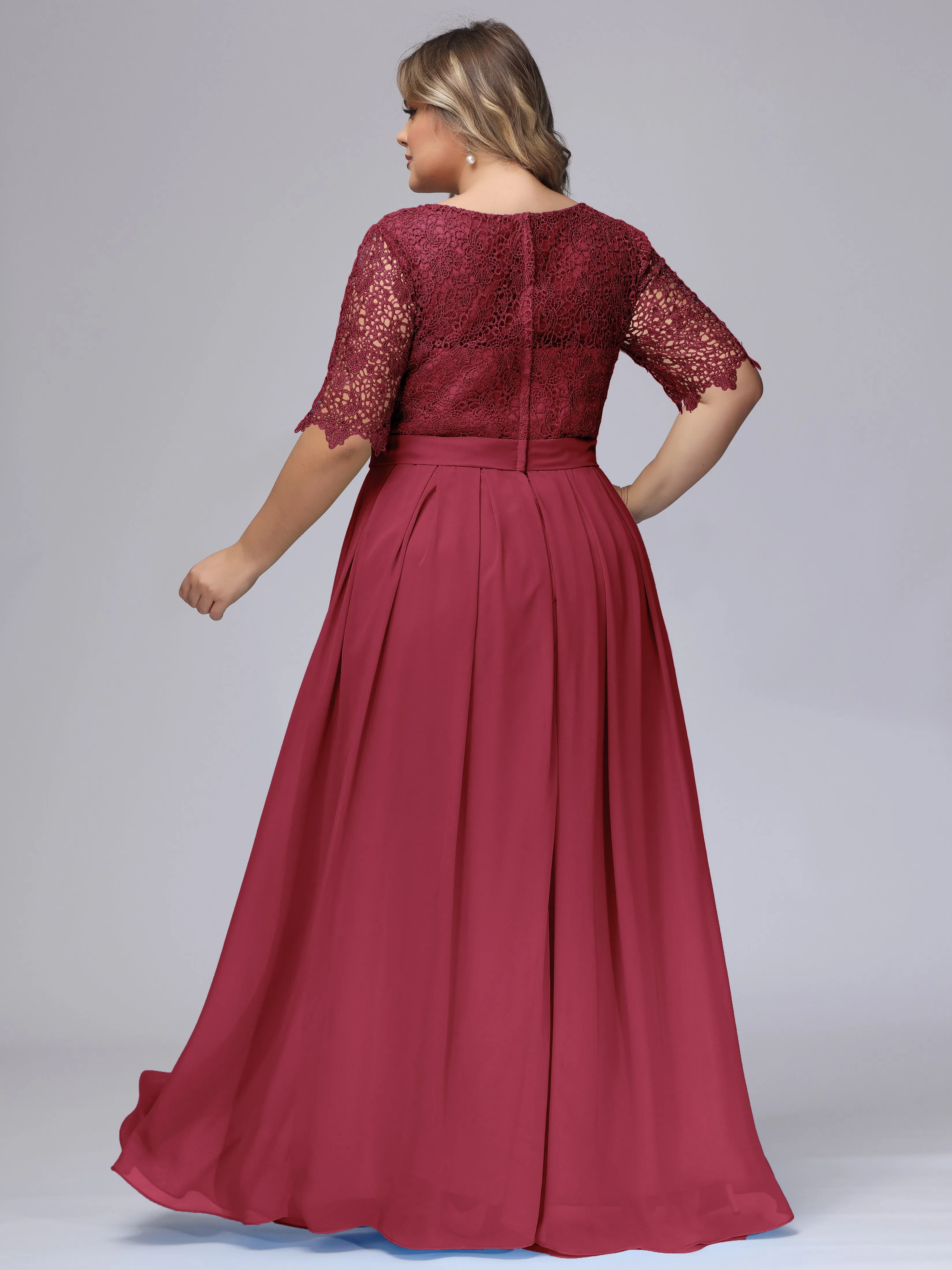 Half Sleeves Scoop Lace Long Plus Size Bridesmaid Dresses