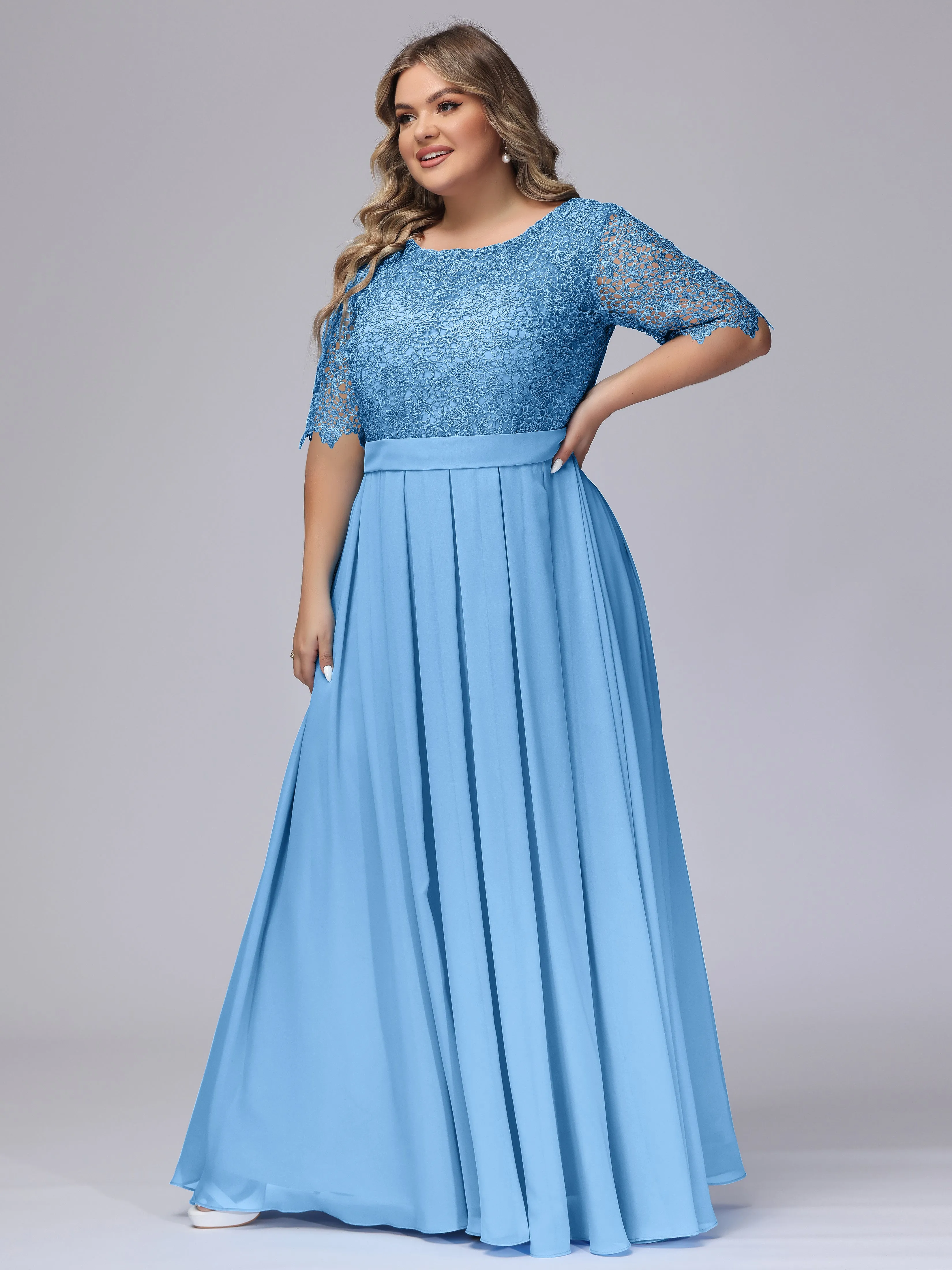 Half Sleeves Scoop Lace Long Plus Size Bridesmaid Dresses