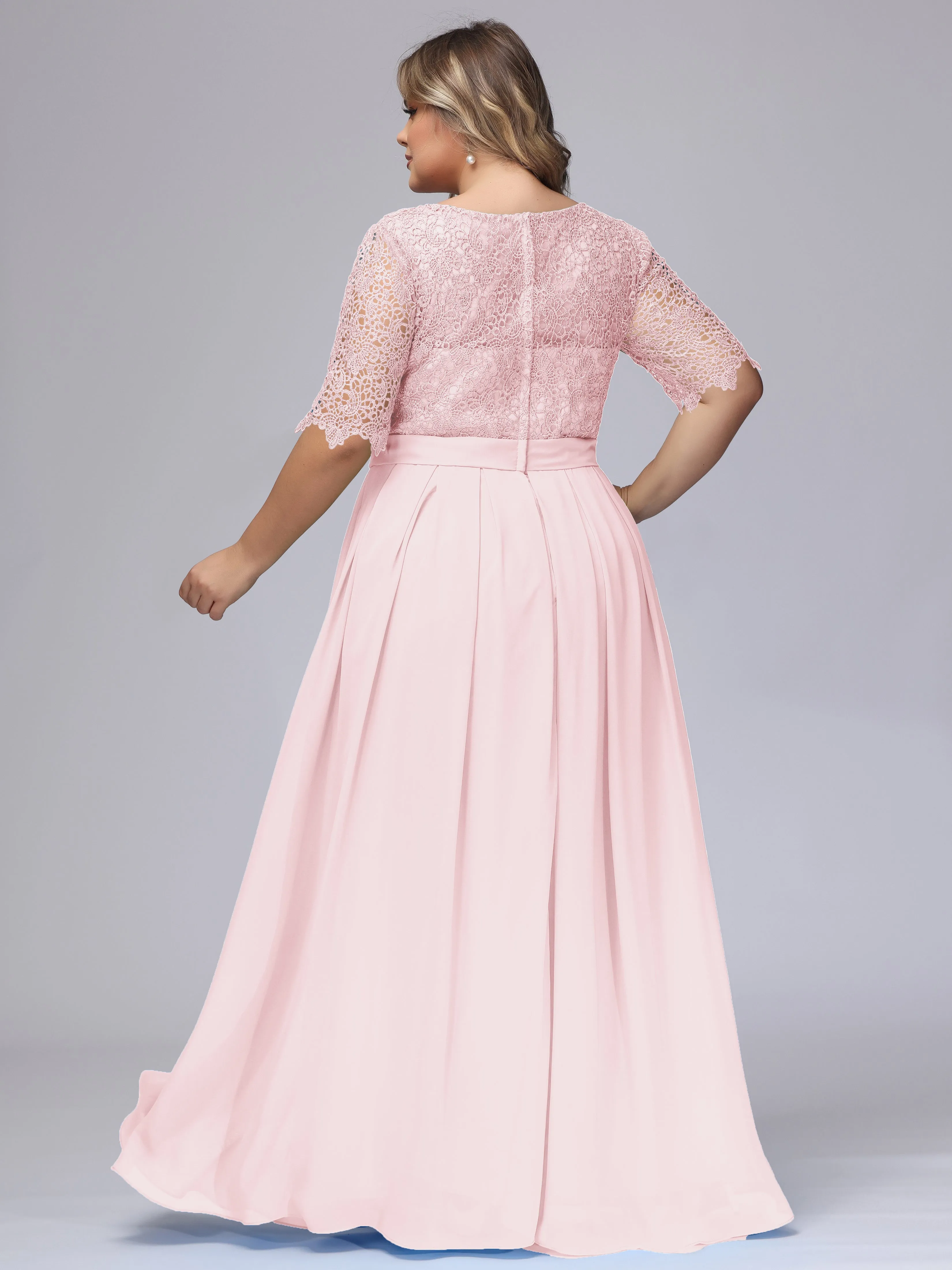 Half Sleeves Scoop Lace Long Plus Size Bridesmaid Dresses