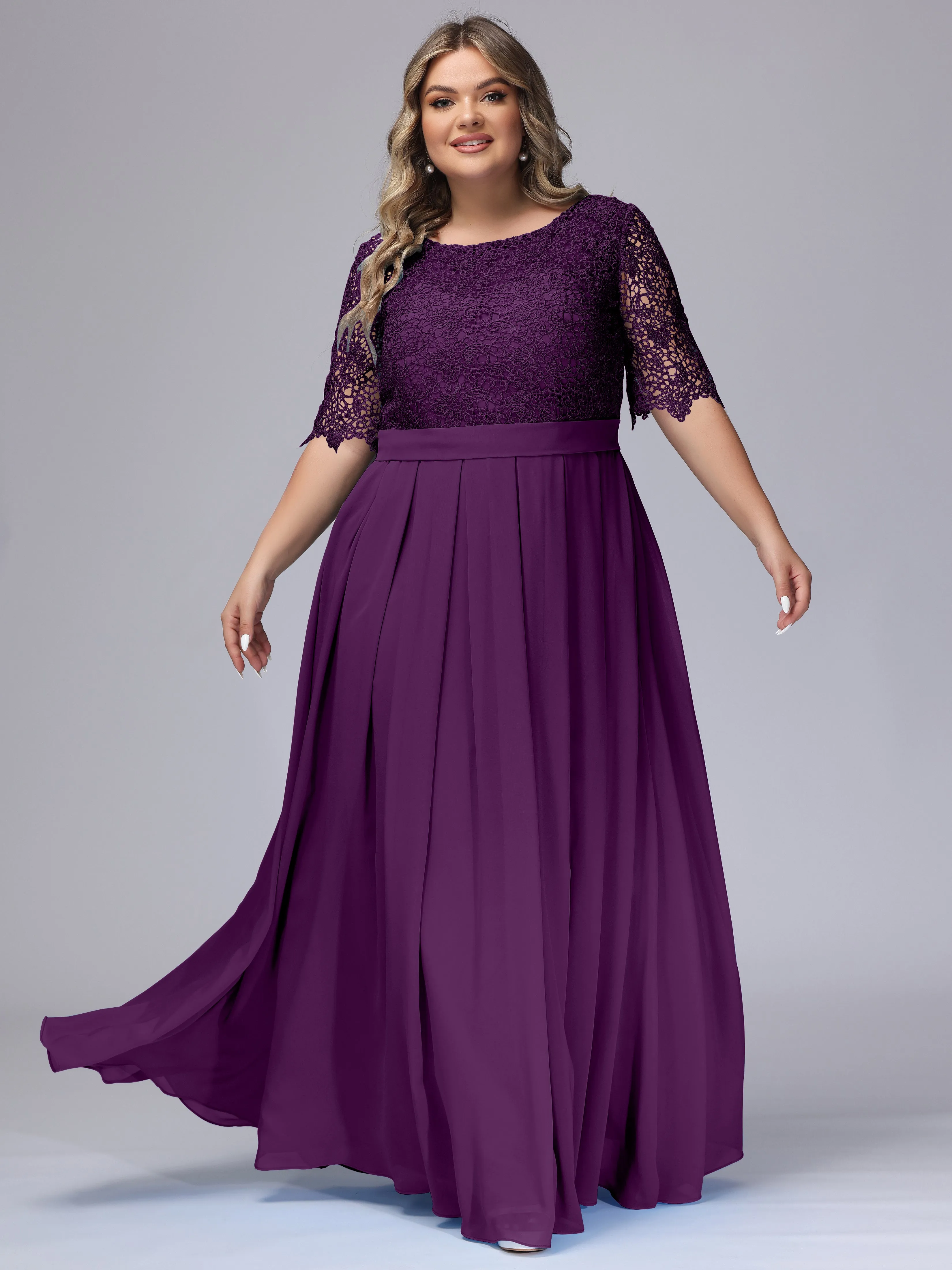 Half Sleeves Scoop Lace Long Plus Size Bridesmaid Dresses
