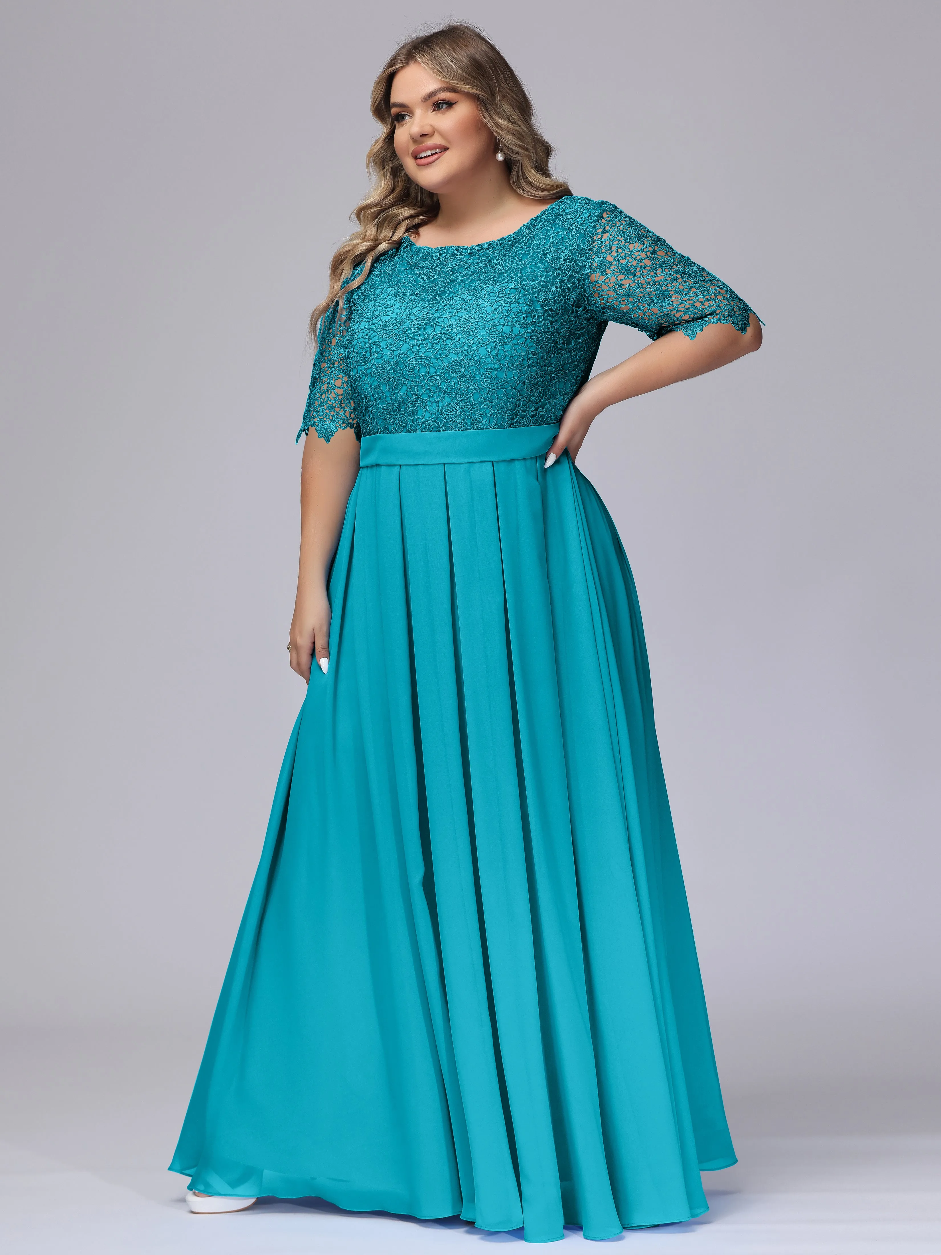 Half Sleeves Scoop Lace Long Plus Size Bridesmaid Dresses