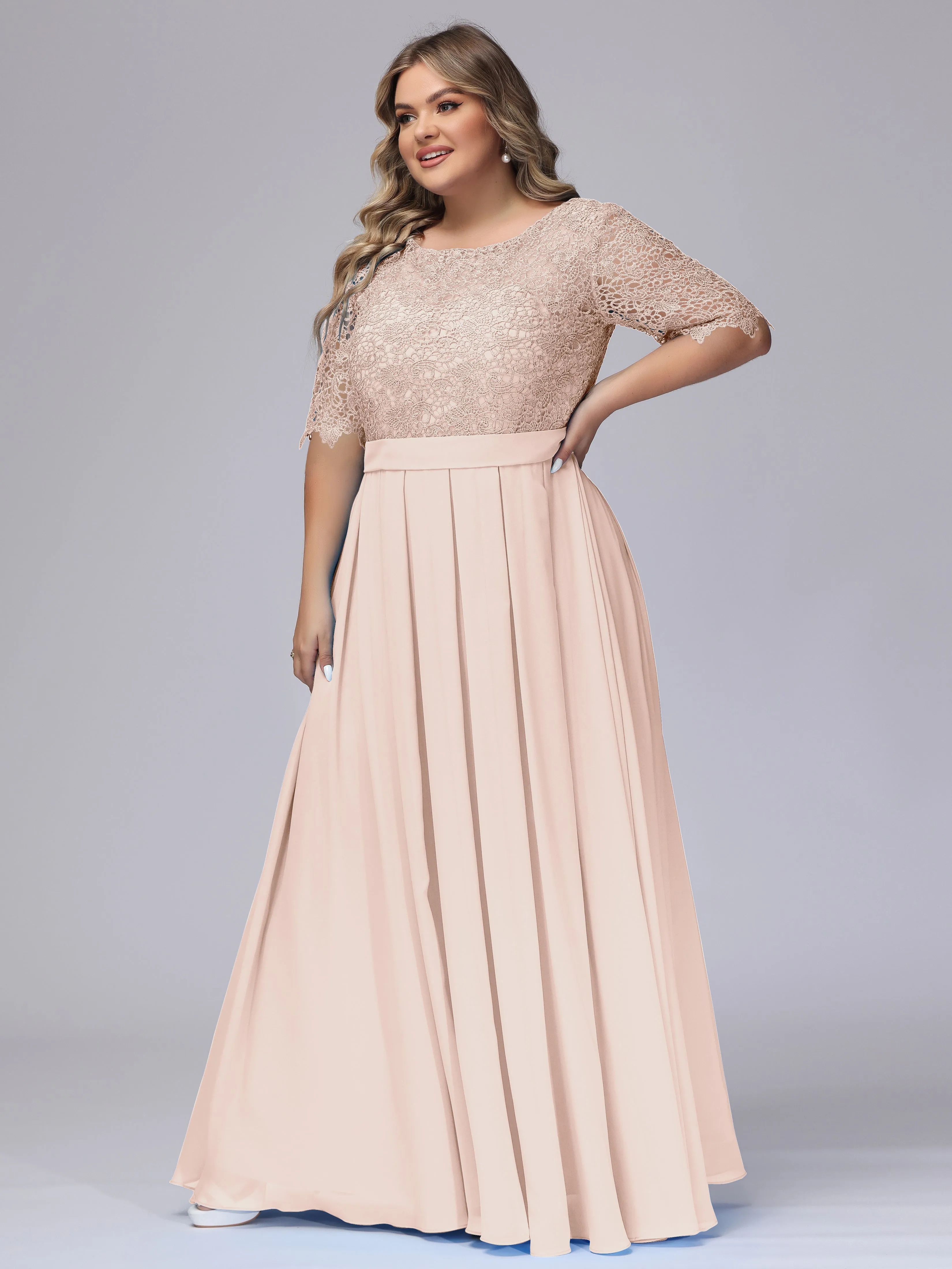 Half Sleeves Scoop Lace Long Plus Size Bridesmaid Dresses