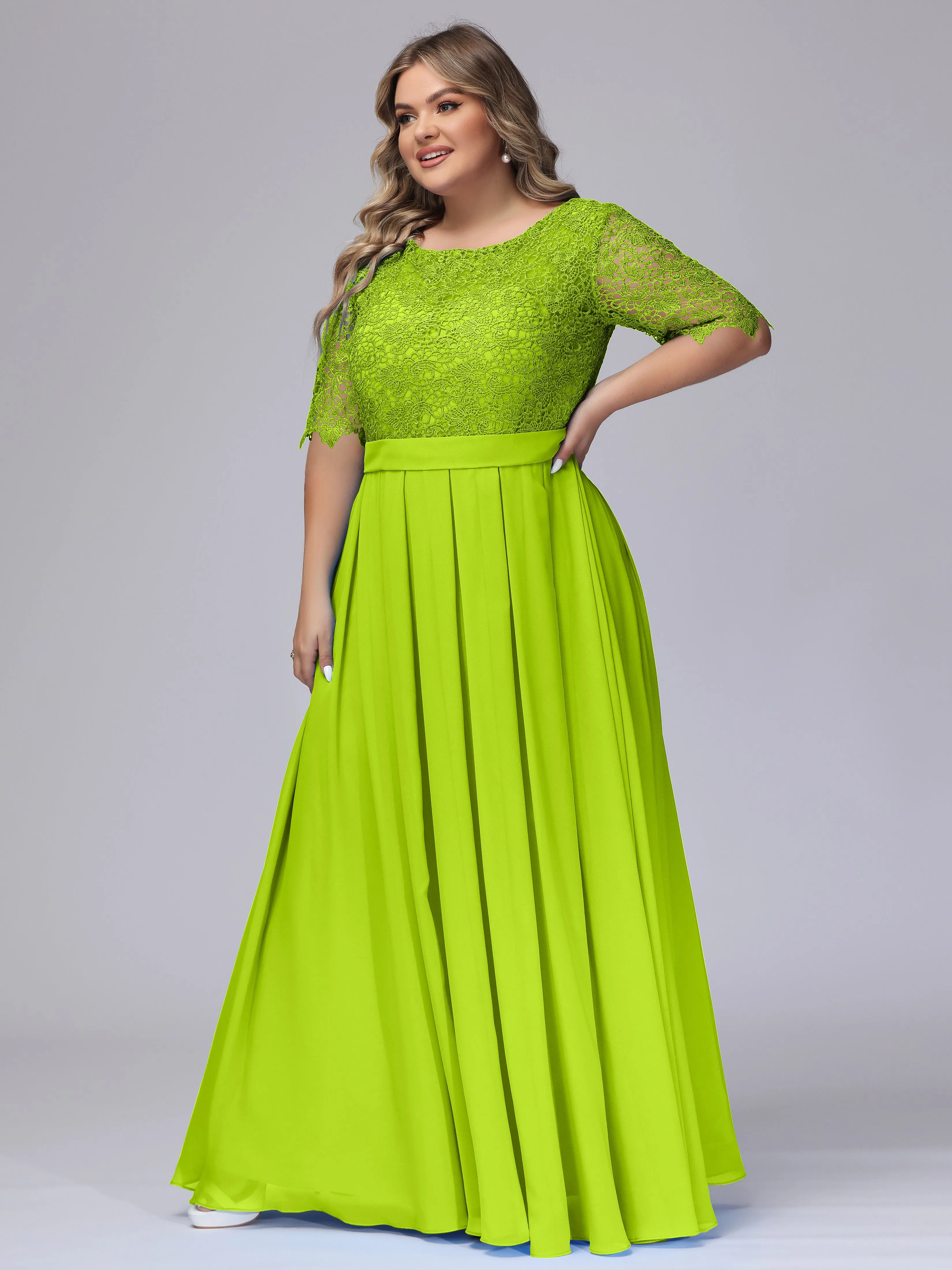 Half Sleeves Scoop Lace Long Plus Size Bridesmaid Dresses