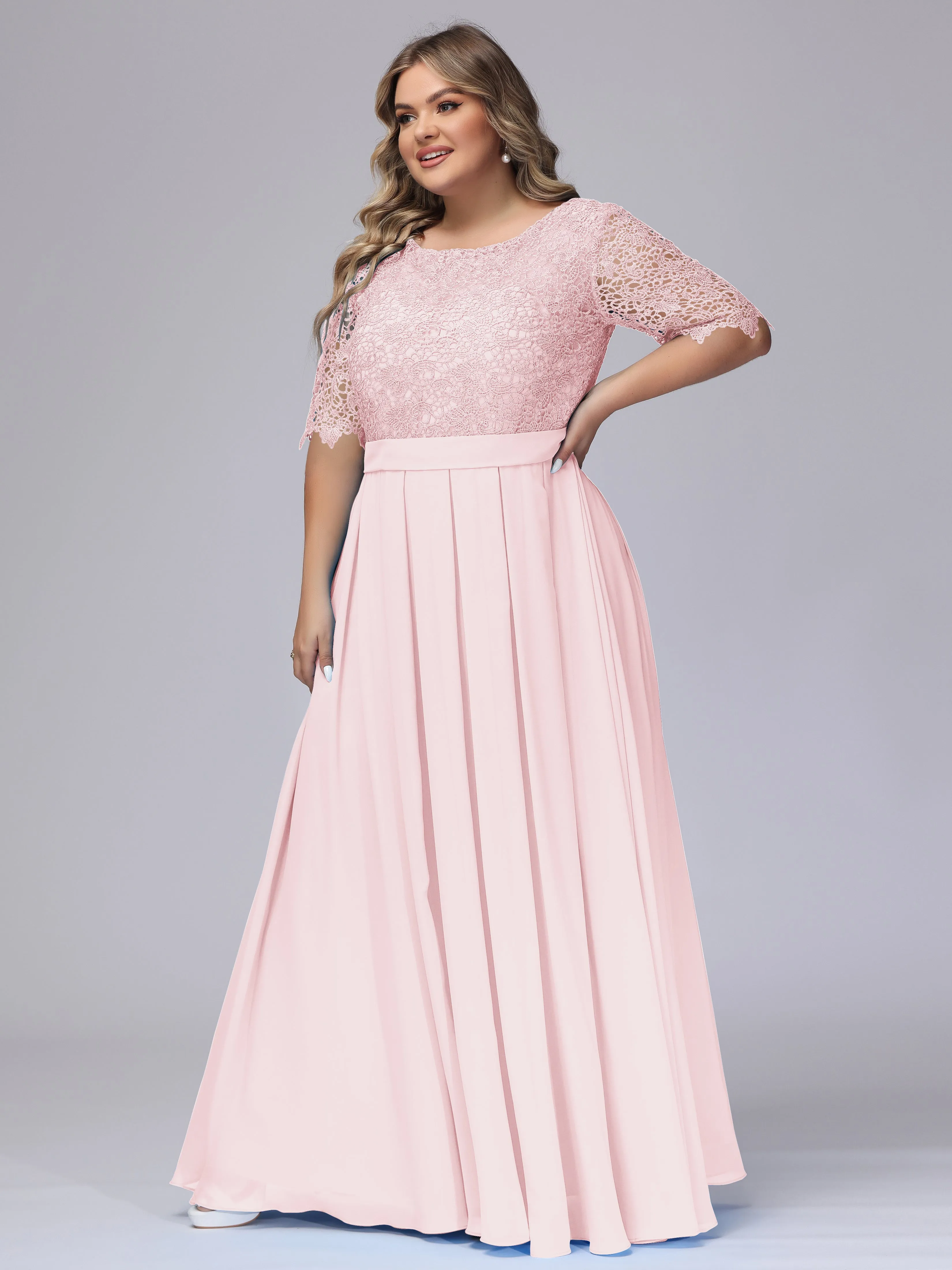 Half Sleeves Scoop Lace Long Plus Size Bridesmaid Dresses