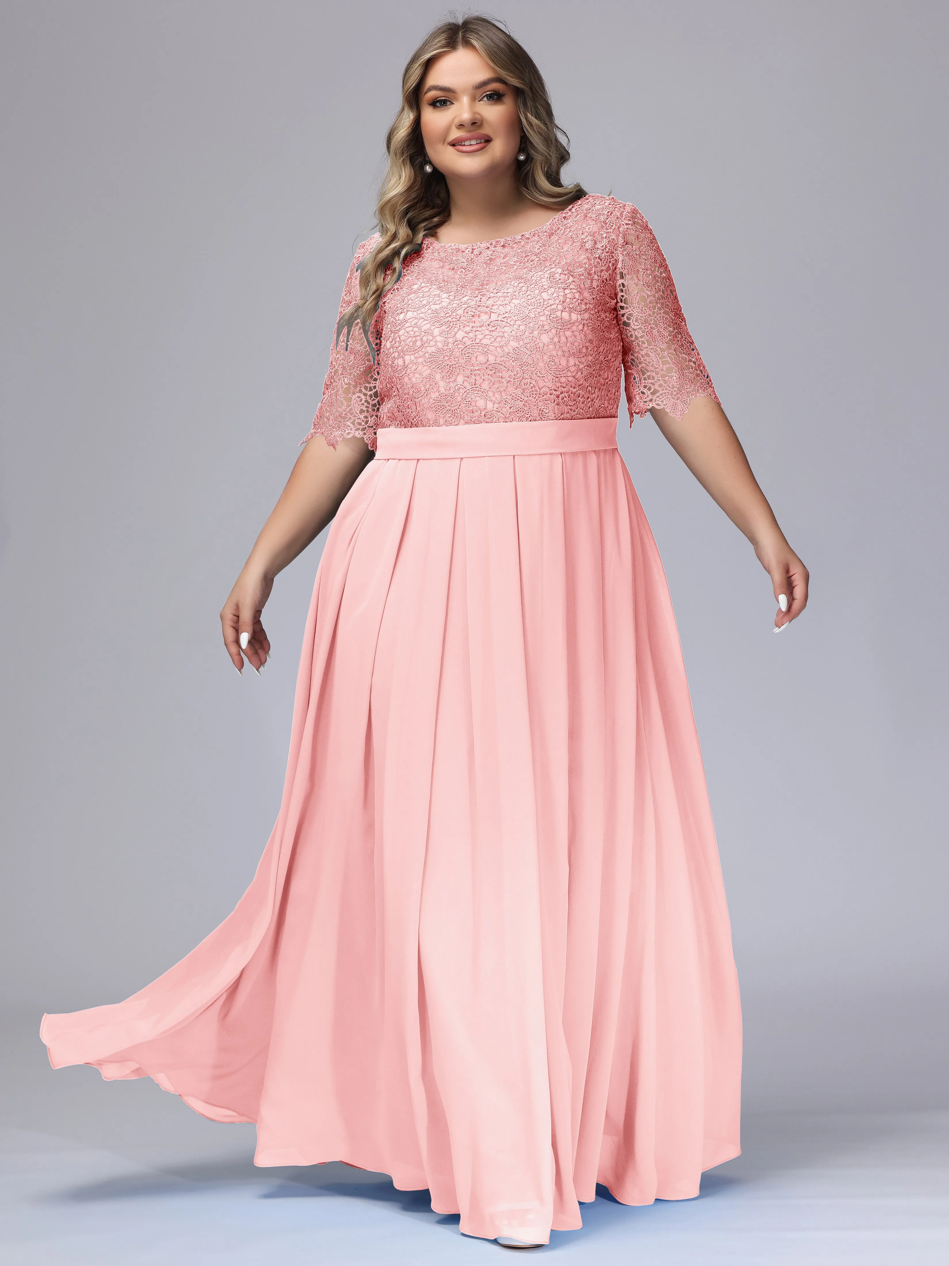 Half Sleeves Scoop Lace Long Plus Size Bridesmaid Dresses