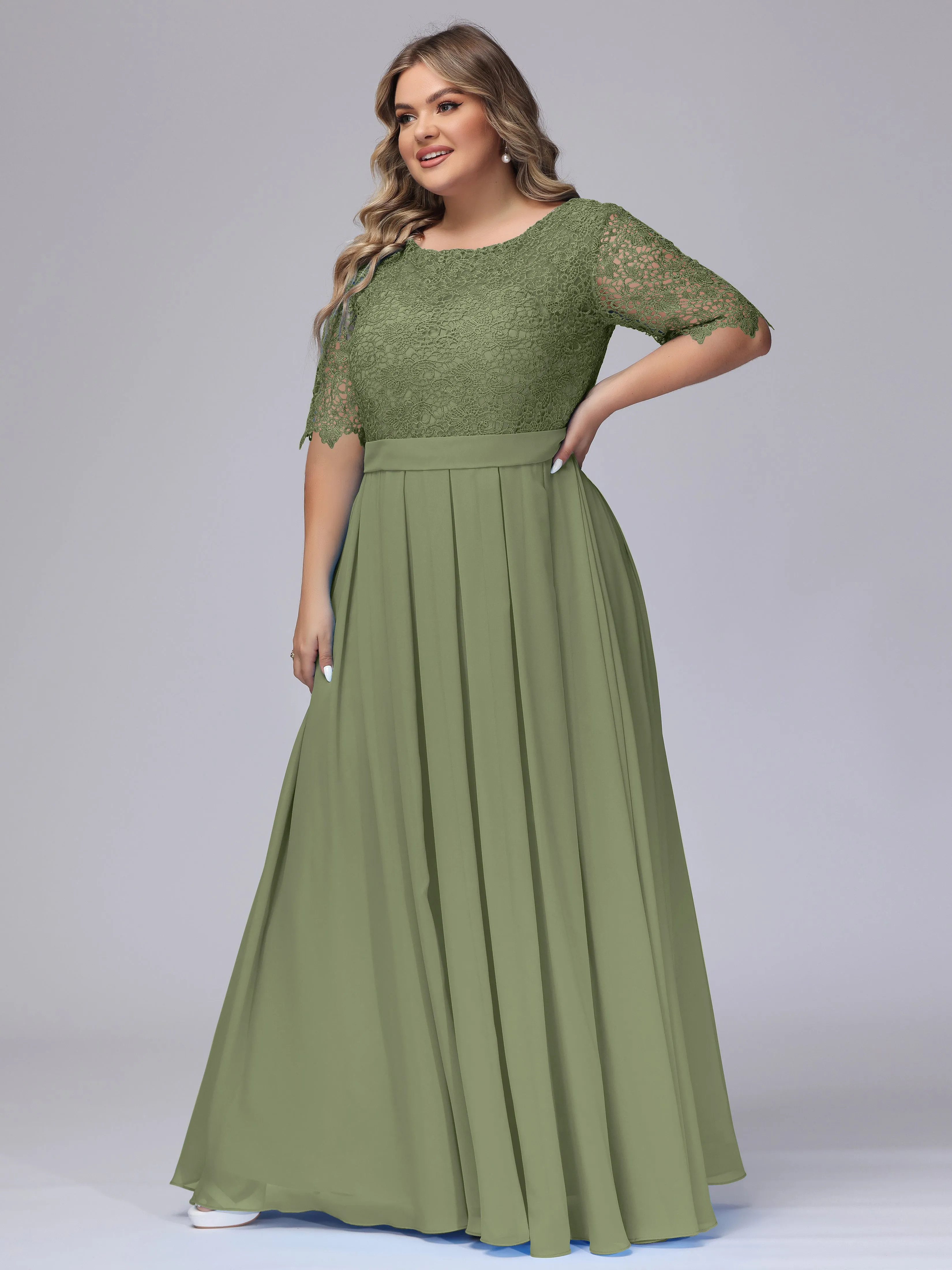 Half Sleeves Scoop Lace Long Plus Size Bridesmaid Dresses