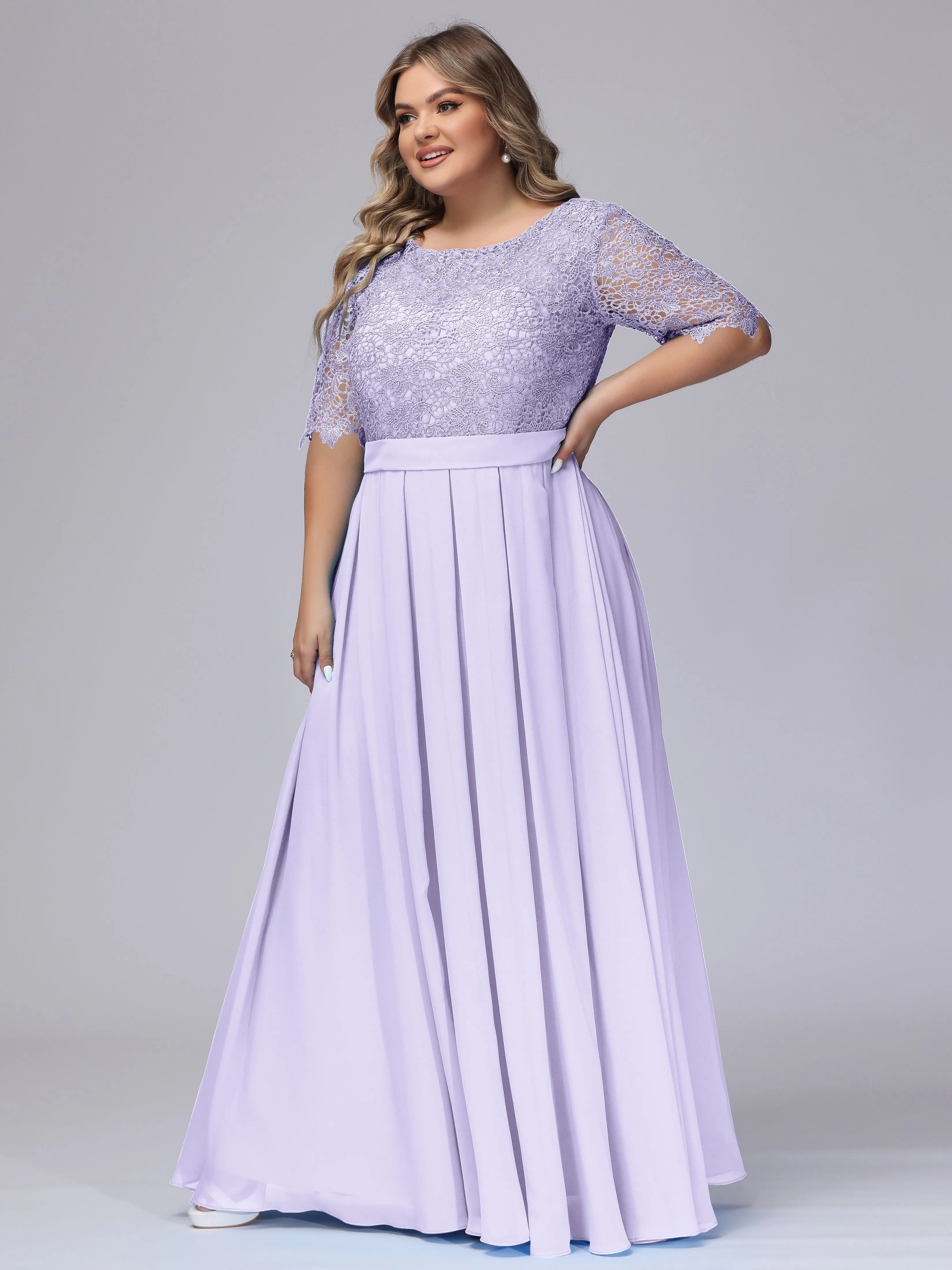 Half Sleeves Scoop Lace Long Plus Size Bridesmaid Dresses