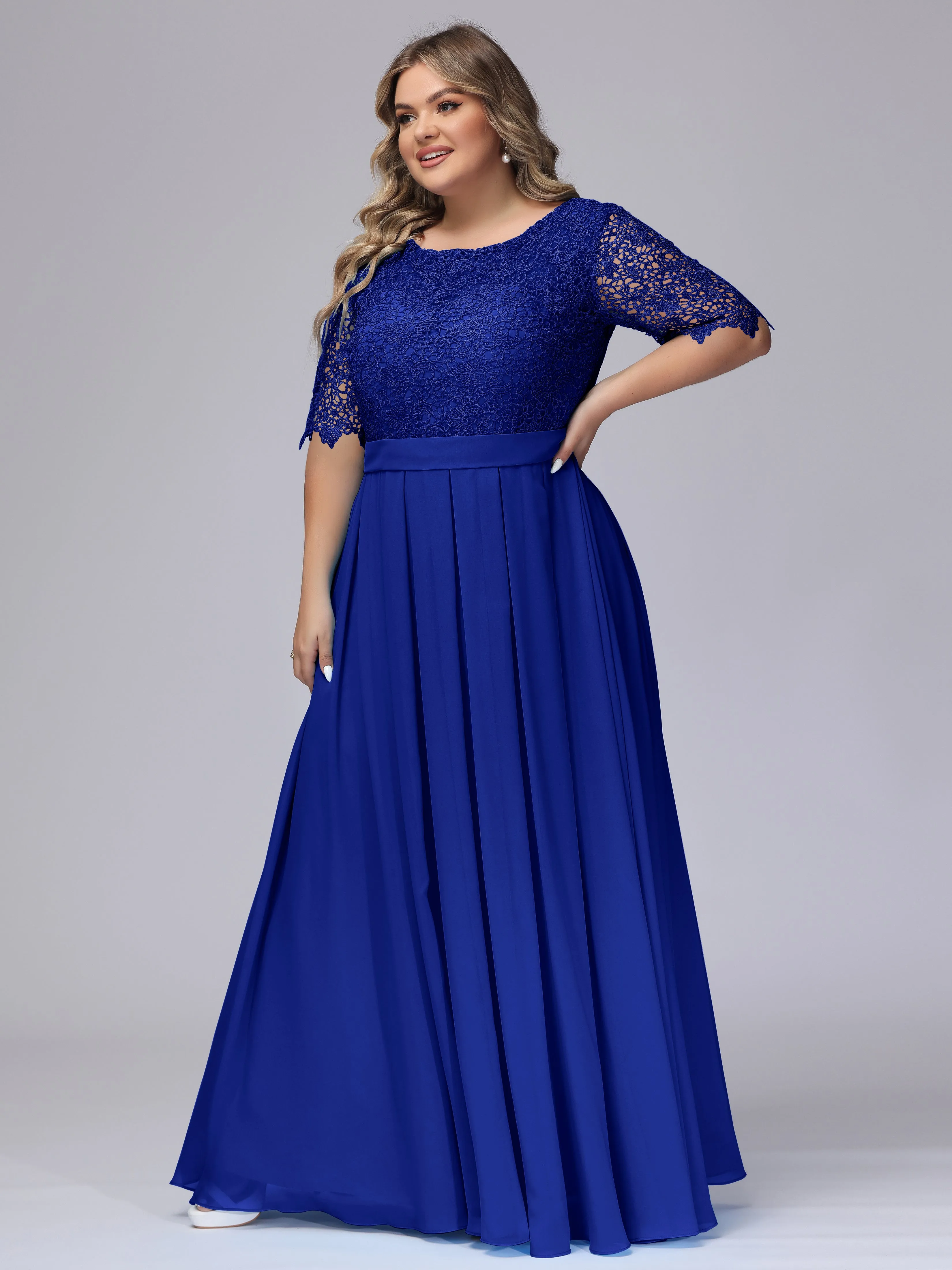 Half Sleeves Scoop Lace Long Plus Size Bridesmaid Dresses