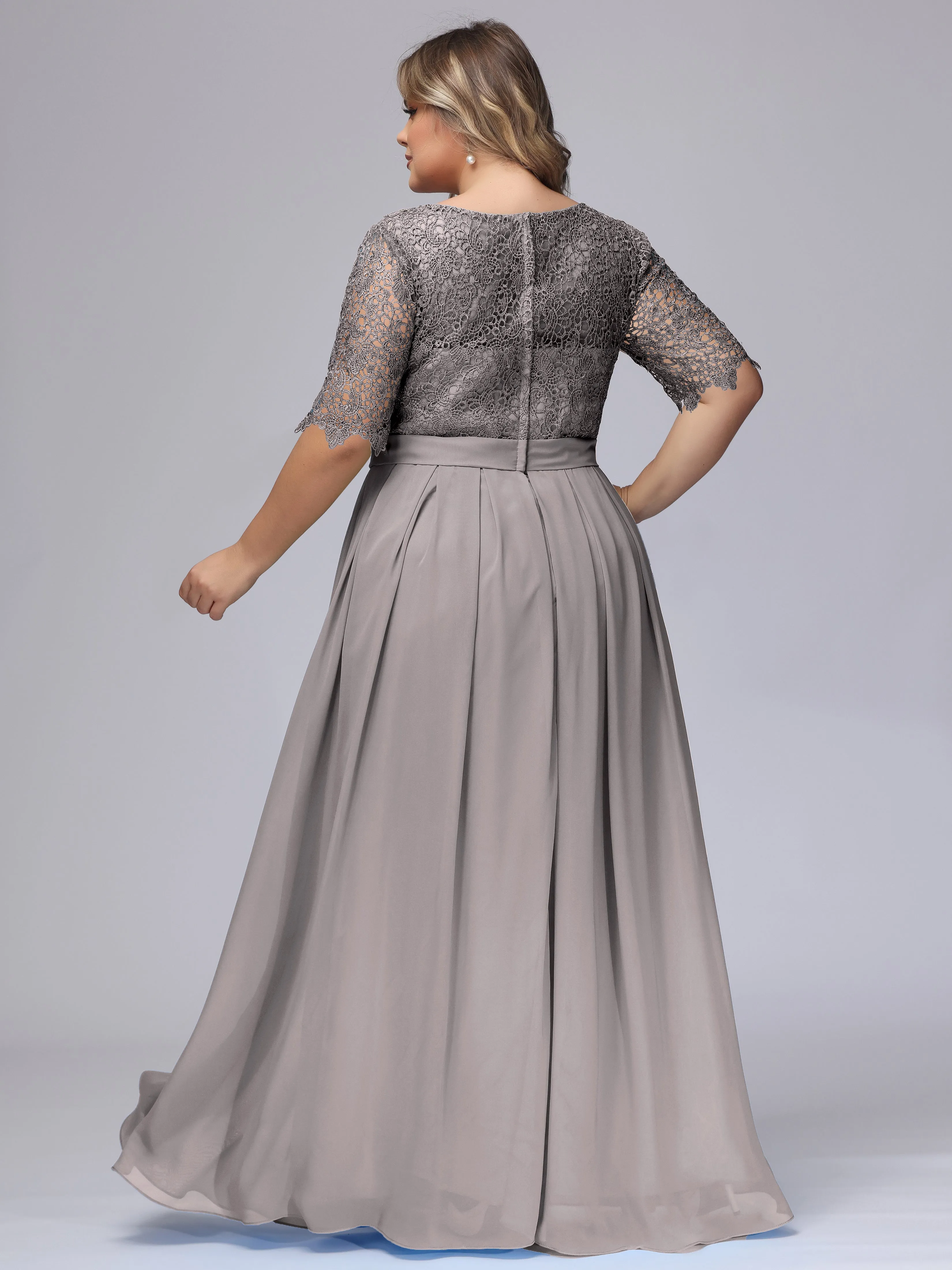 Half Sleeves Scoop Lace Long Plus Size Bridesmaid Dresses