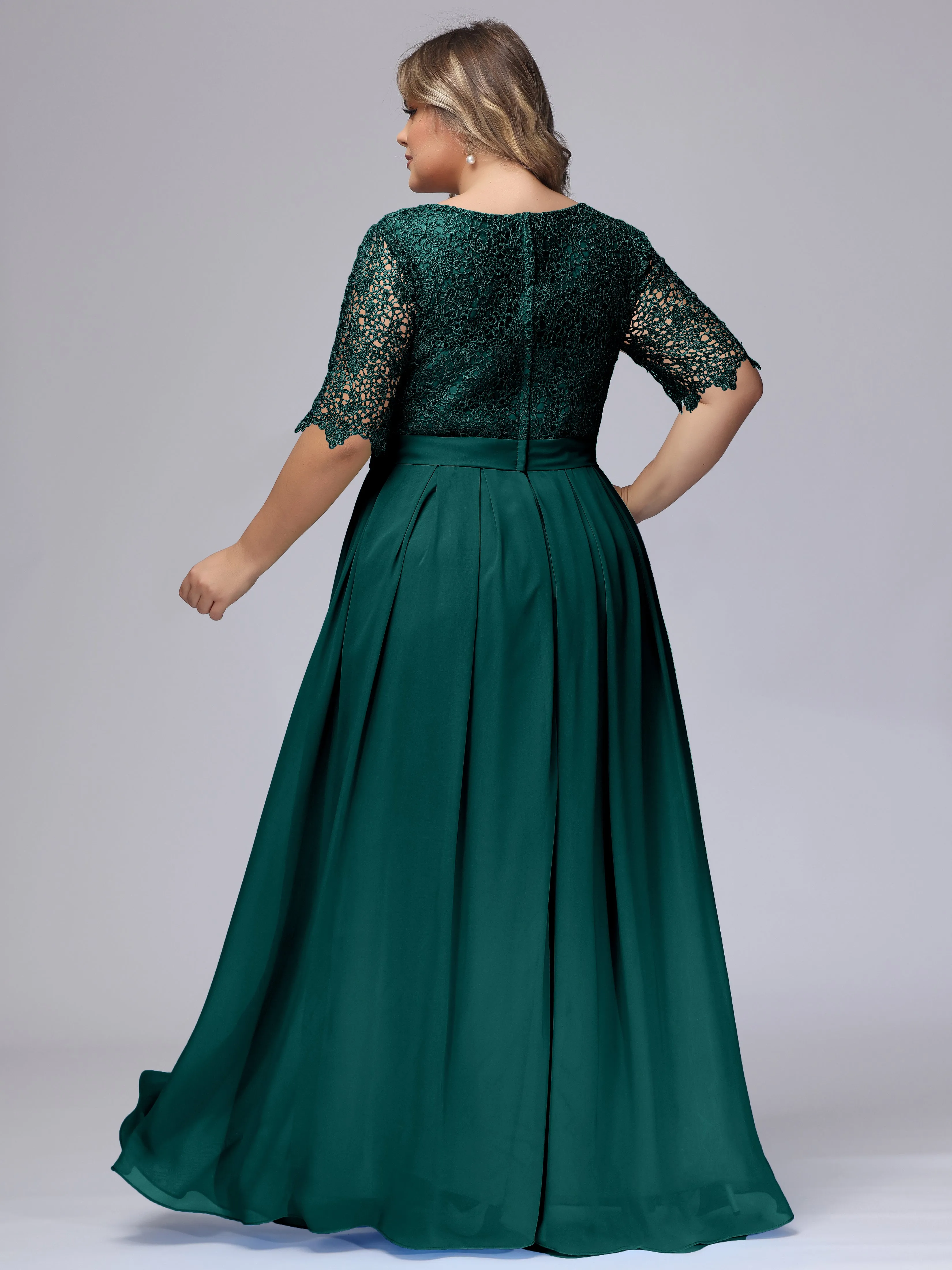 Half Sleeves Scoop Lace Long Plus Size Bridesmaid Dresses